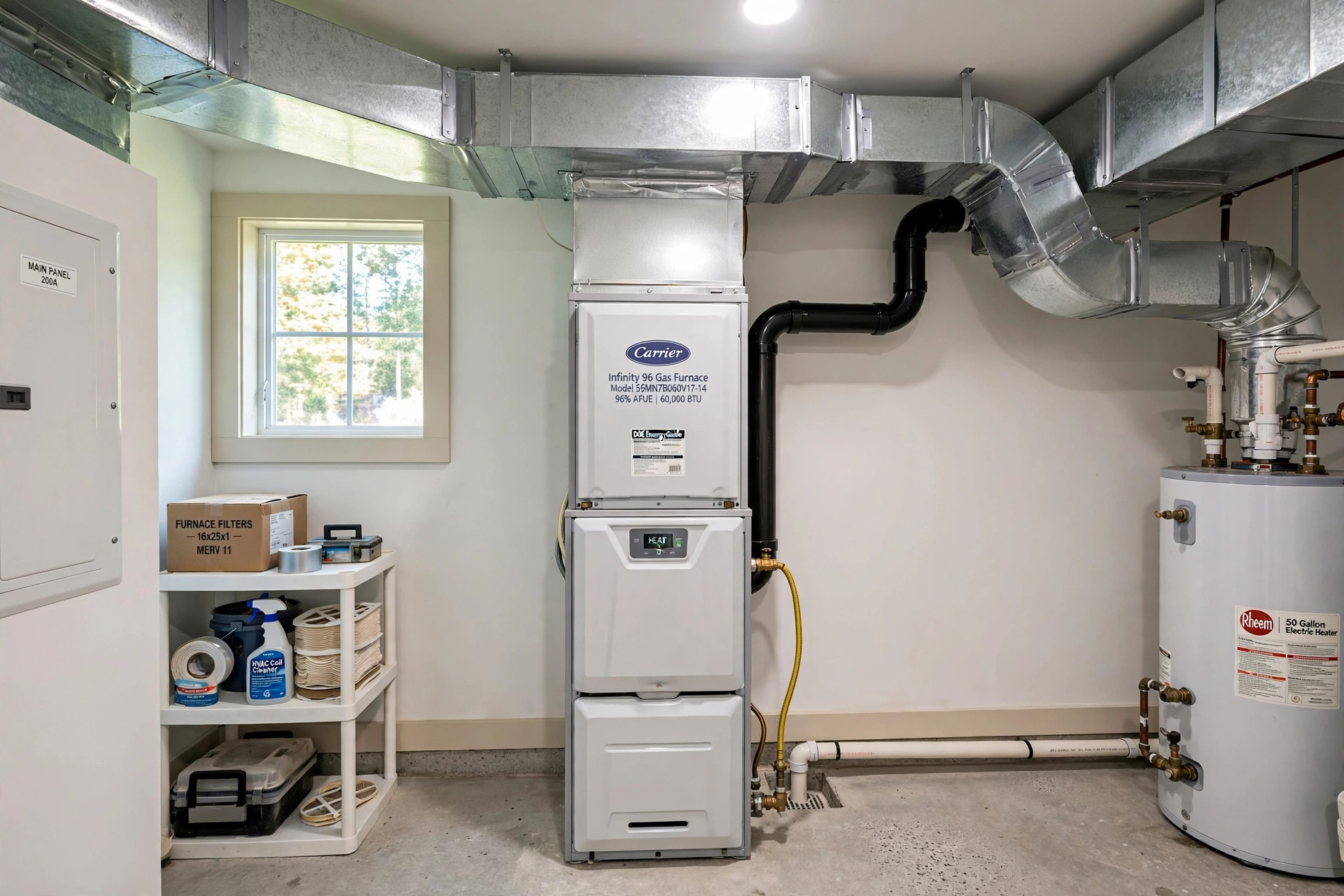 A furnace installed in a clean utility room for the two stage furnace vs single stage comparison