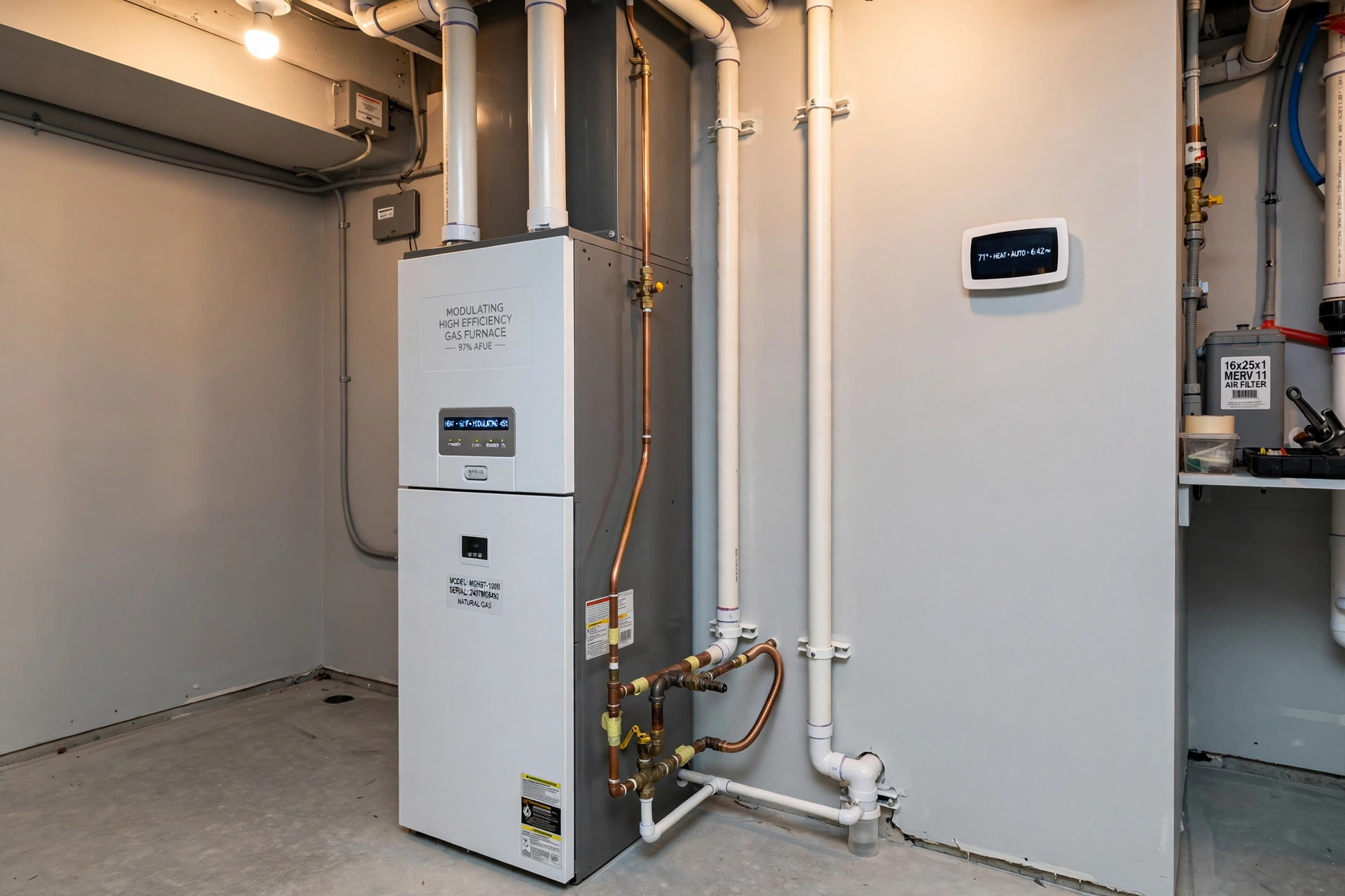 modulating furnace reviews for cold climates: A modulating gas furnace installed in a tidy basement utility room