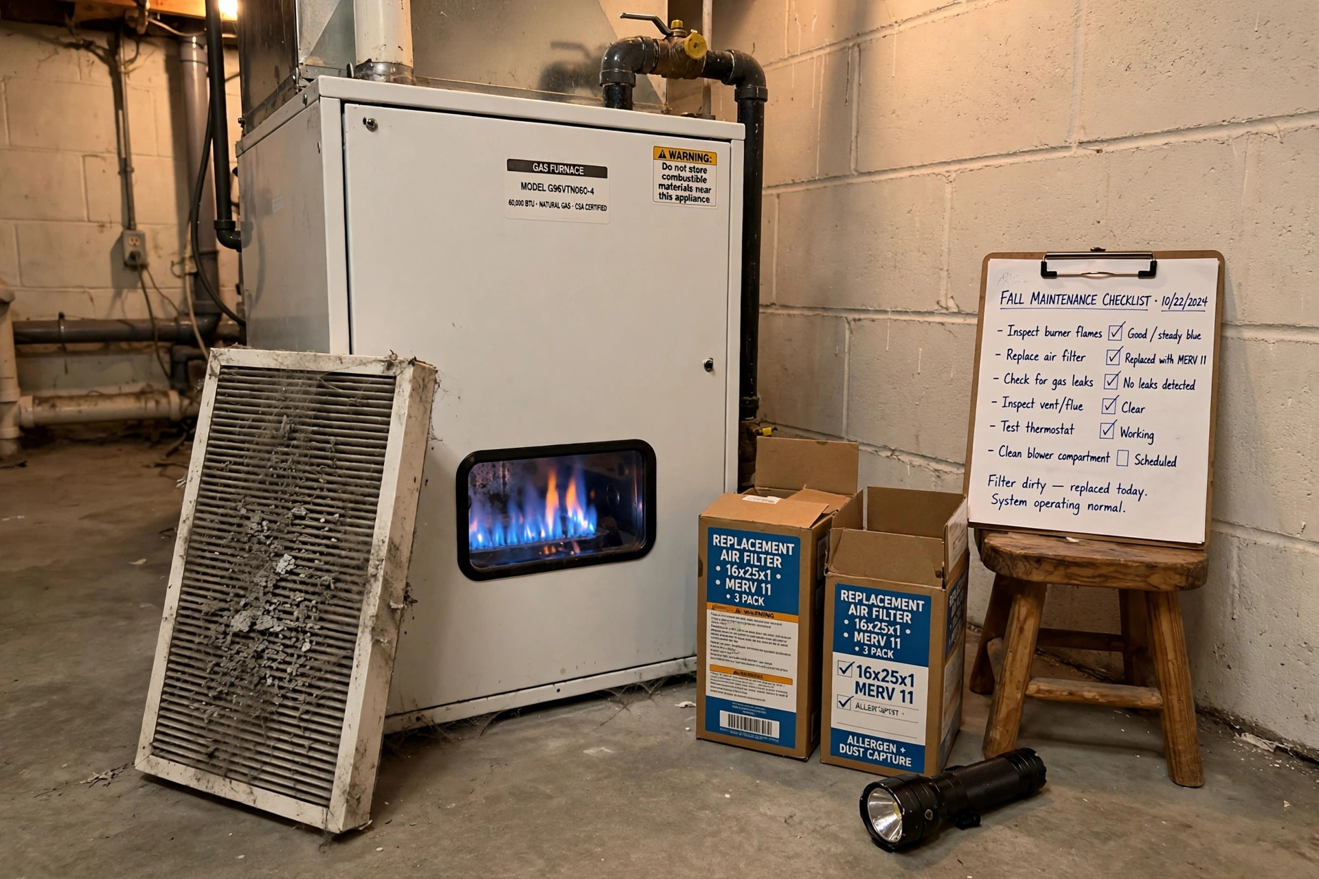 Furnace maintenance checklist for fall USA being performed on a gas furnace in an American home