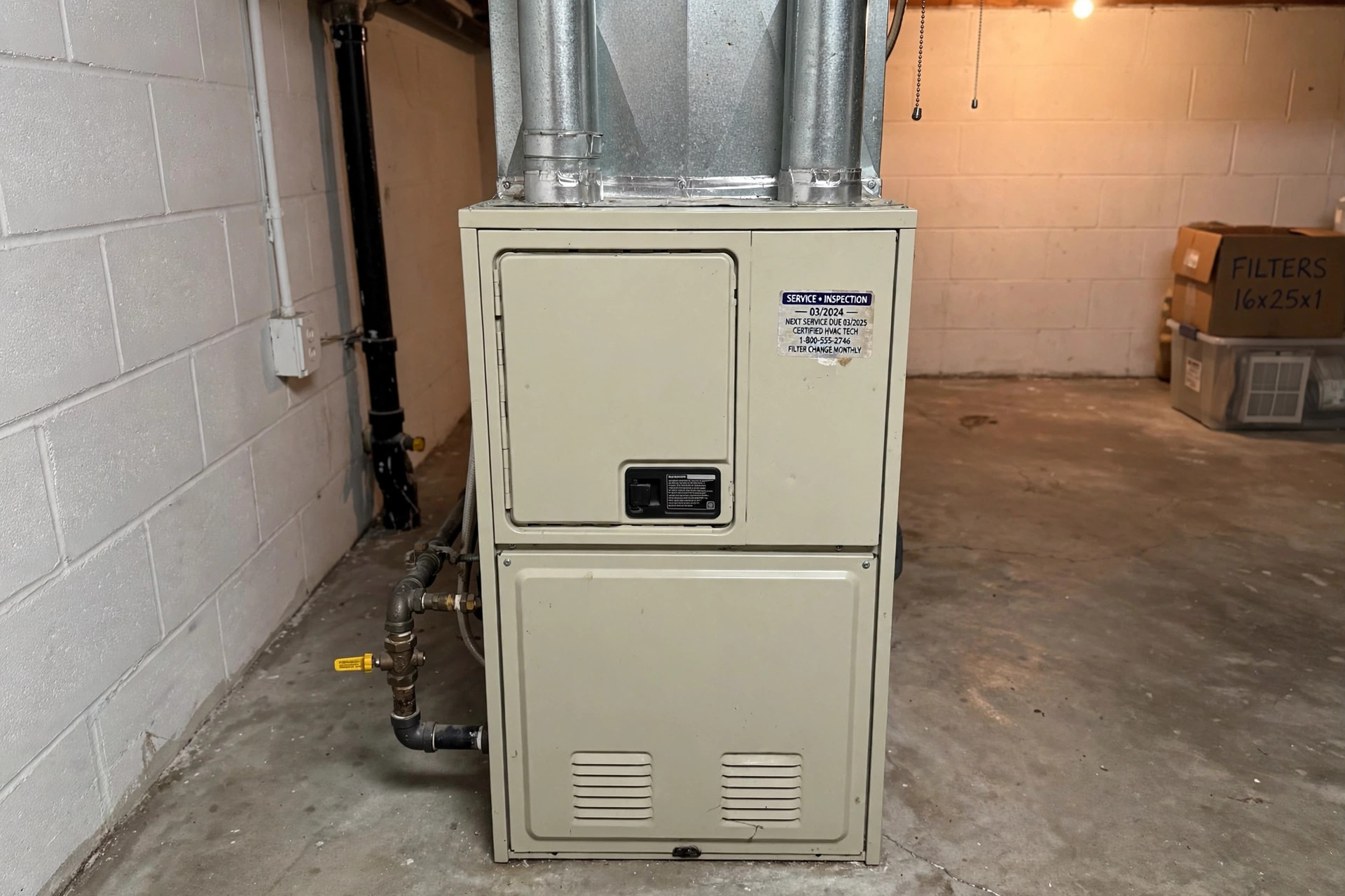 how often to service furnace usa guide: A clean gas furnace in a tidy American home basement, viewed from the front