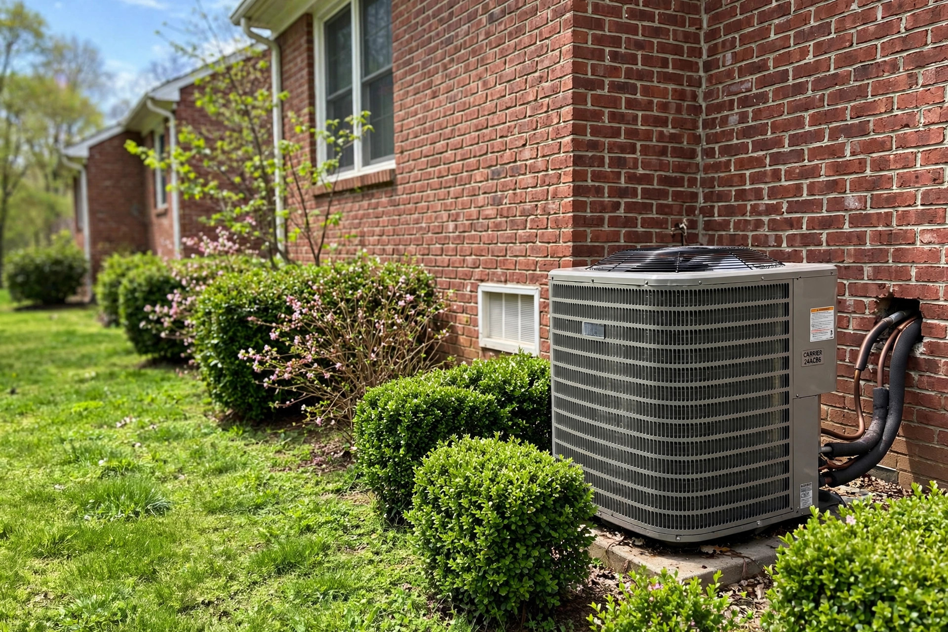 Air conditioner condenser unit in an American backyard, ac tune up cost near me spring 2026 guide
