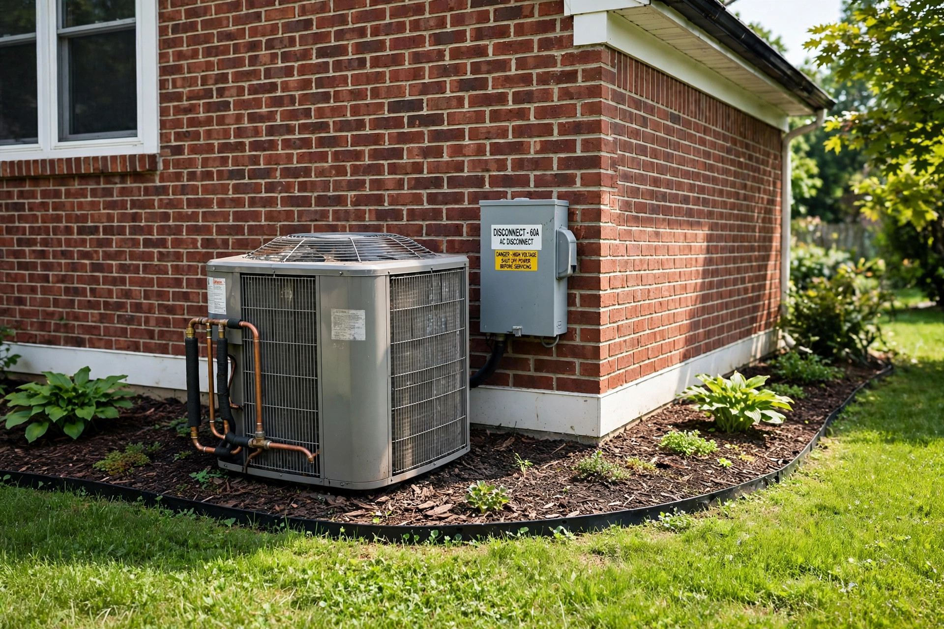 hvac maintenance plan cost per year usa: Outdoor air conditioner condenser unit beside an American suburban home