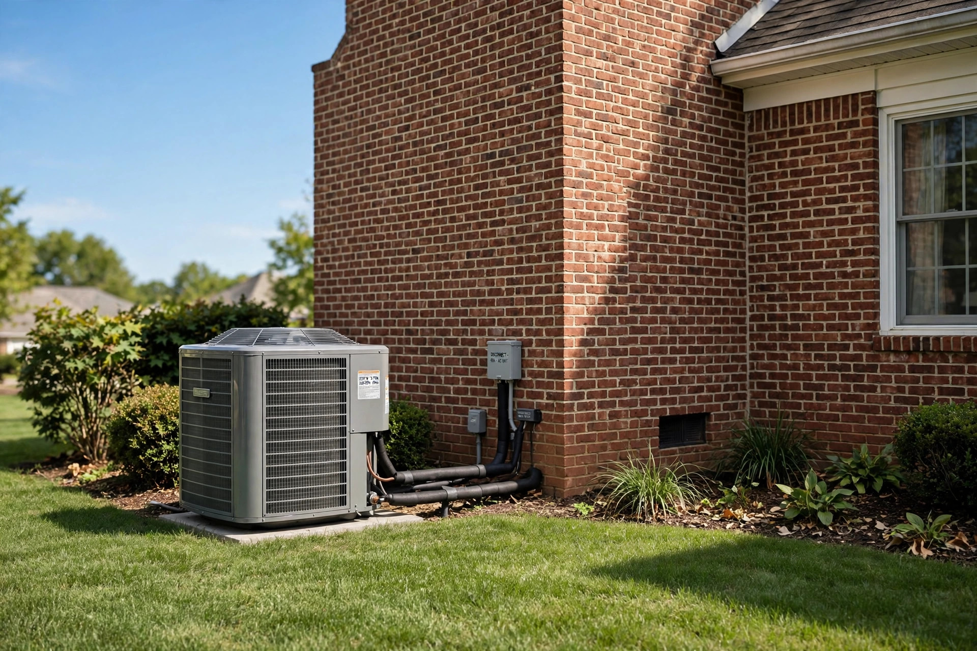 Outdoor HVAC condenser unit beside a brick house, best hvac companies near me reviews 2026
