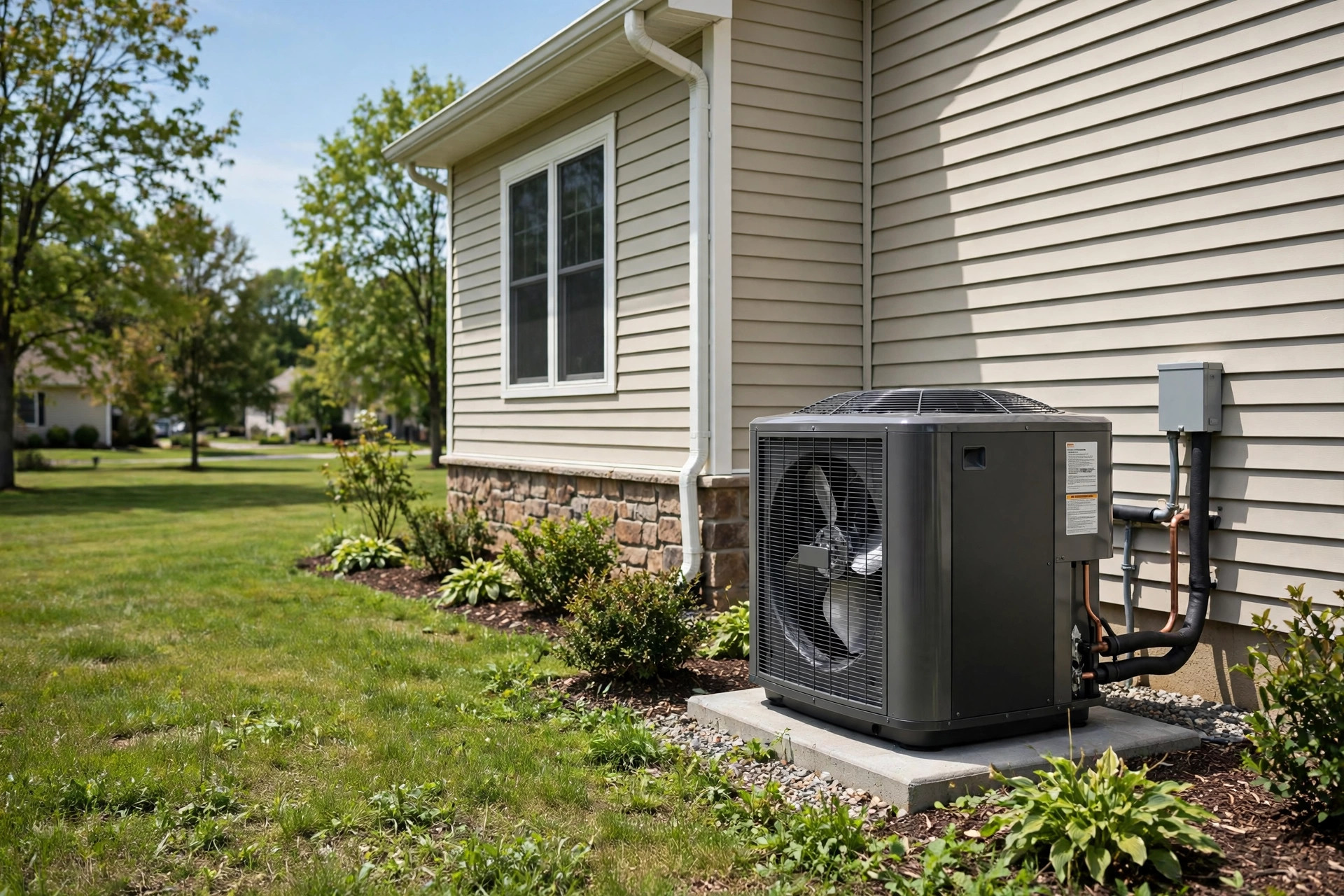 heat pump tax credit 2026 requirements usa: Heat pump outdoor unit installed beside an American home