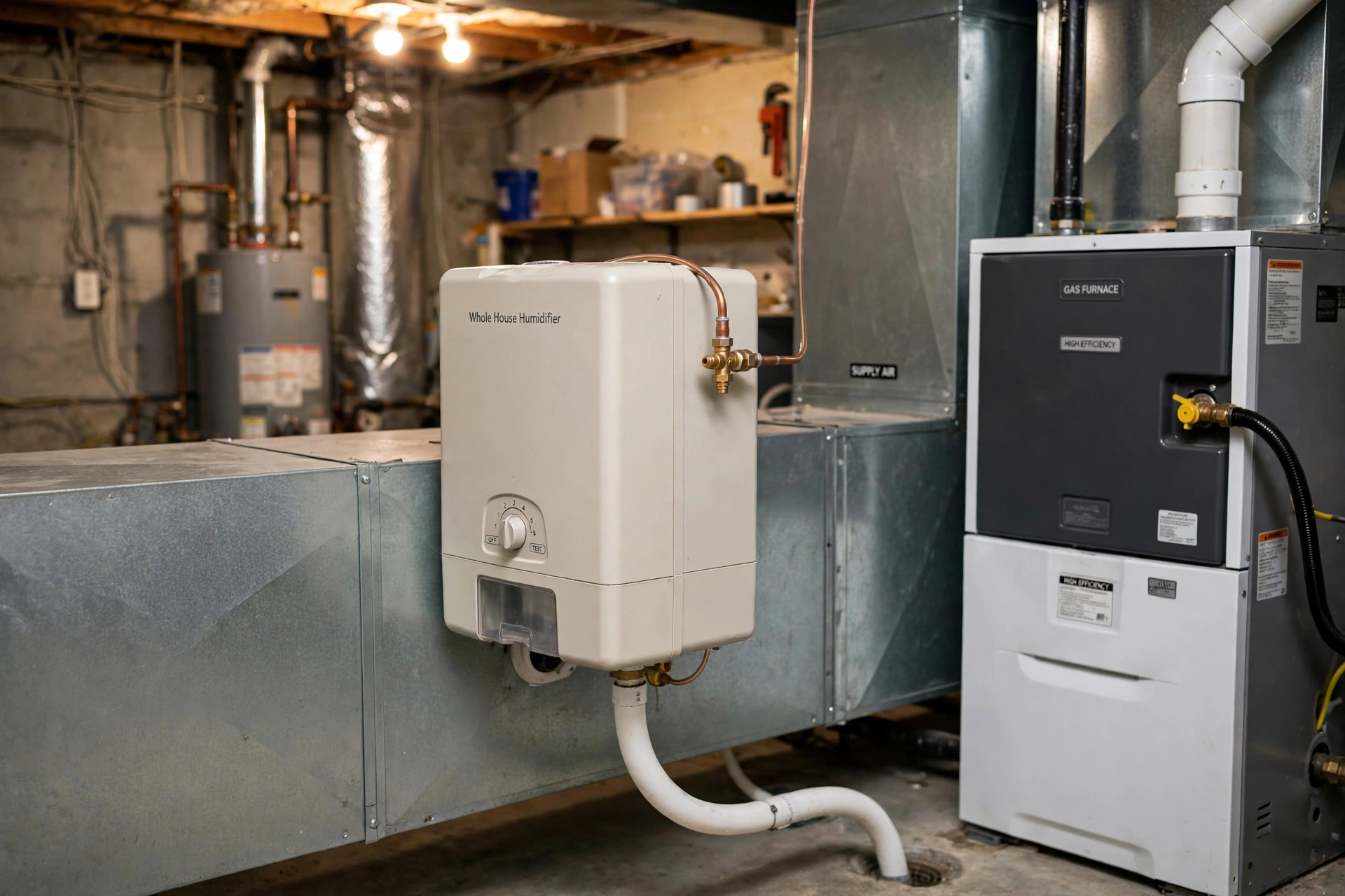 bypass vs fan powered humidifier comparison: A whole-house humidifier mounted on furnace ductwork in a clean basement utility room