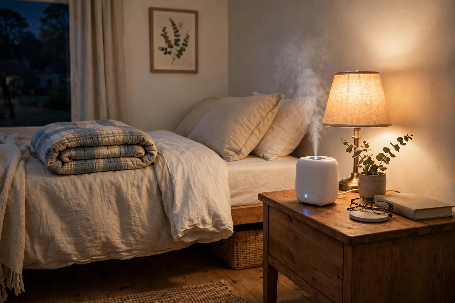 best portable humidifier for bedroom usa: A portable humidifier on a wooden nightstand in a cozy American bedroom