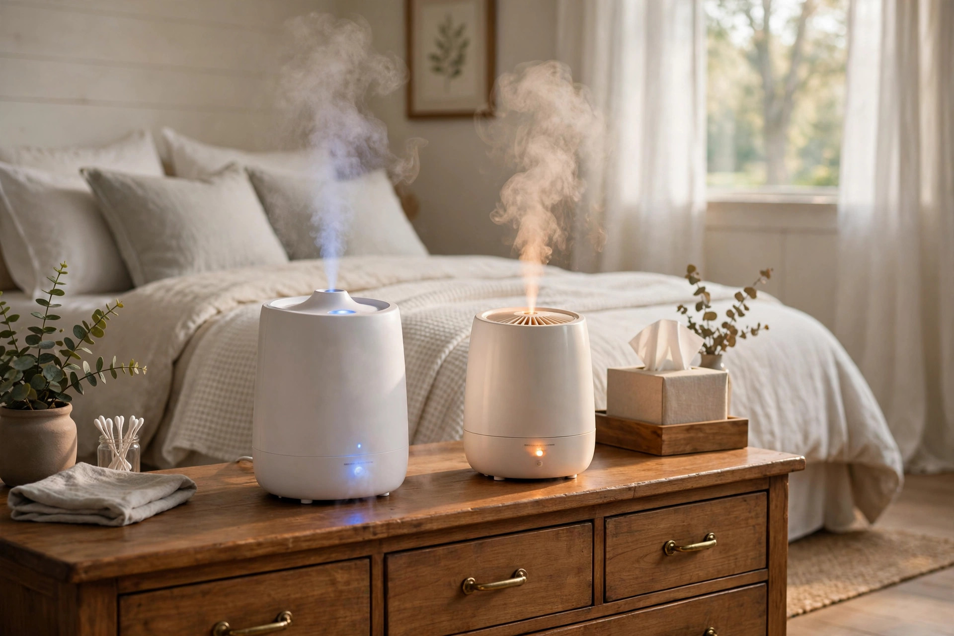 Cool mist vs warm mist humidifier comparison shown on a bedroom dresser