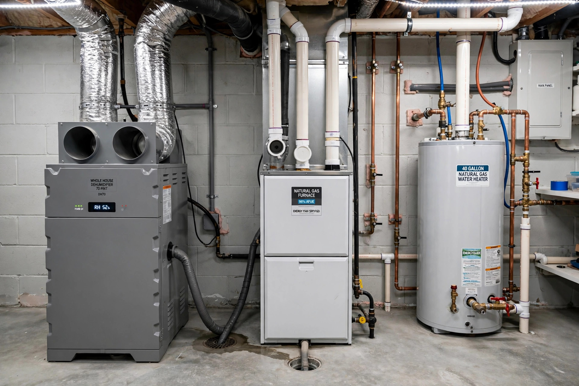 whole house dehumidifier installation cost usa: Whole house dehumidifier installed next to a furnace in a clean American basement