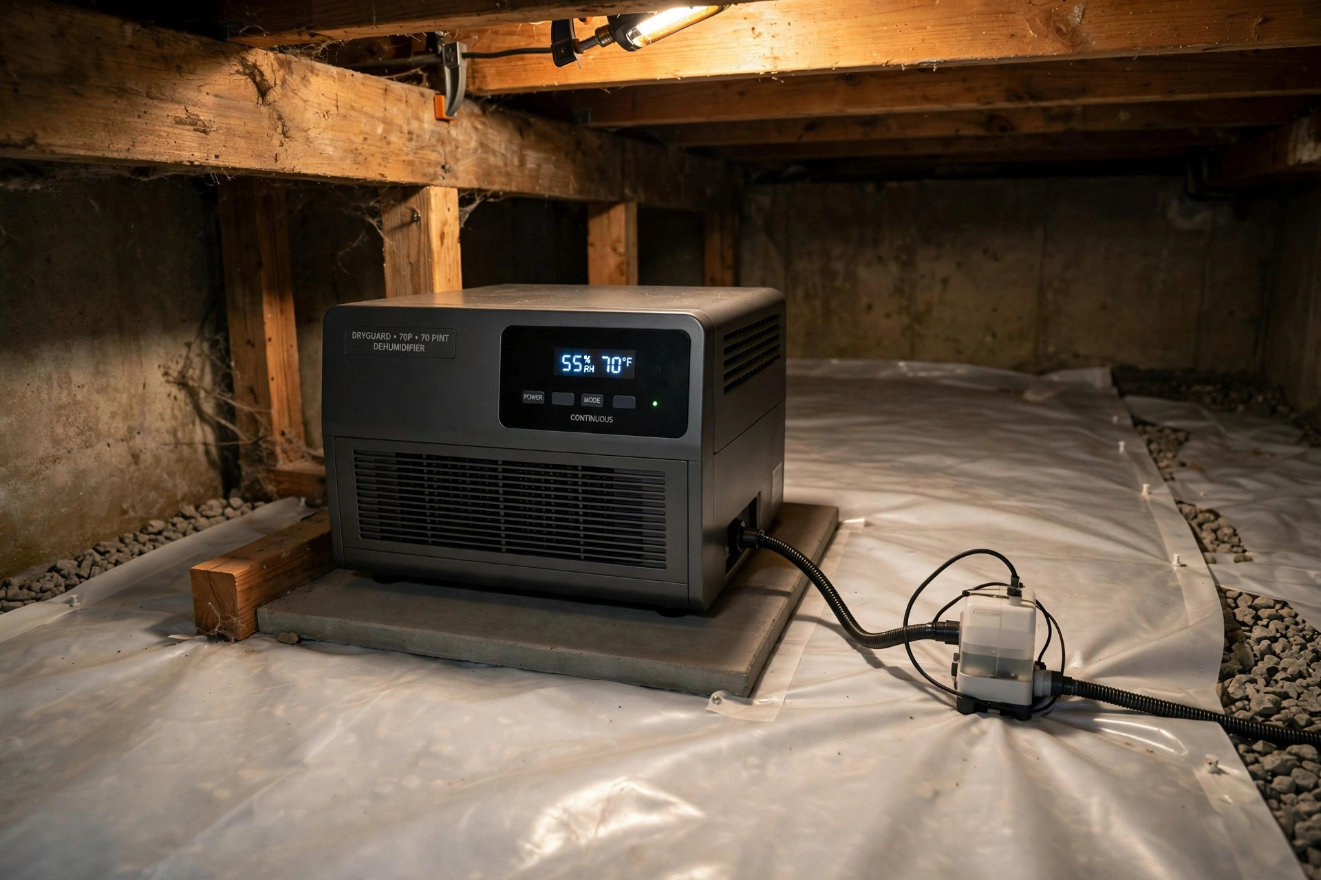 best crawl space dehumidifier 2026 usa: A crawl space dehumidifier unit installed in a clean residential crawl space