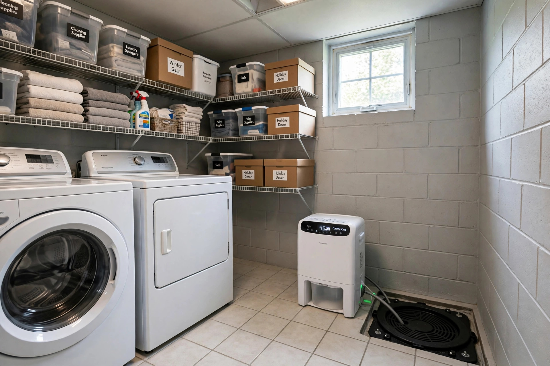 basement humidity control tips for usa homes: Basement dehumidifier controlling humidity in a dry finished basement room