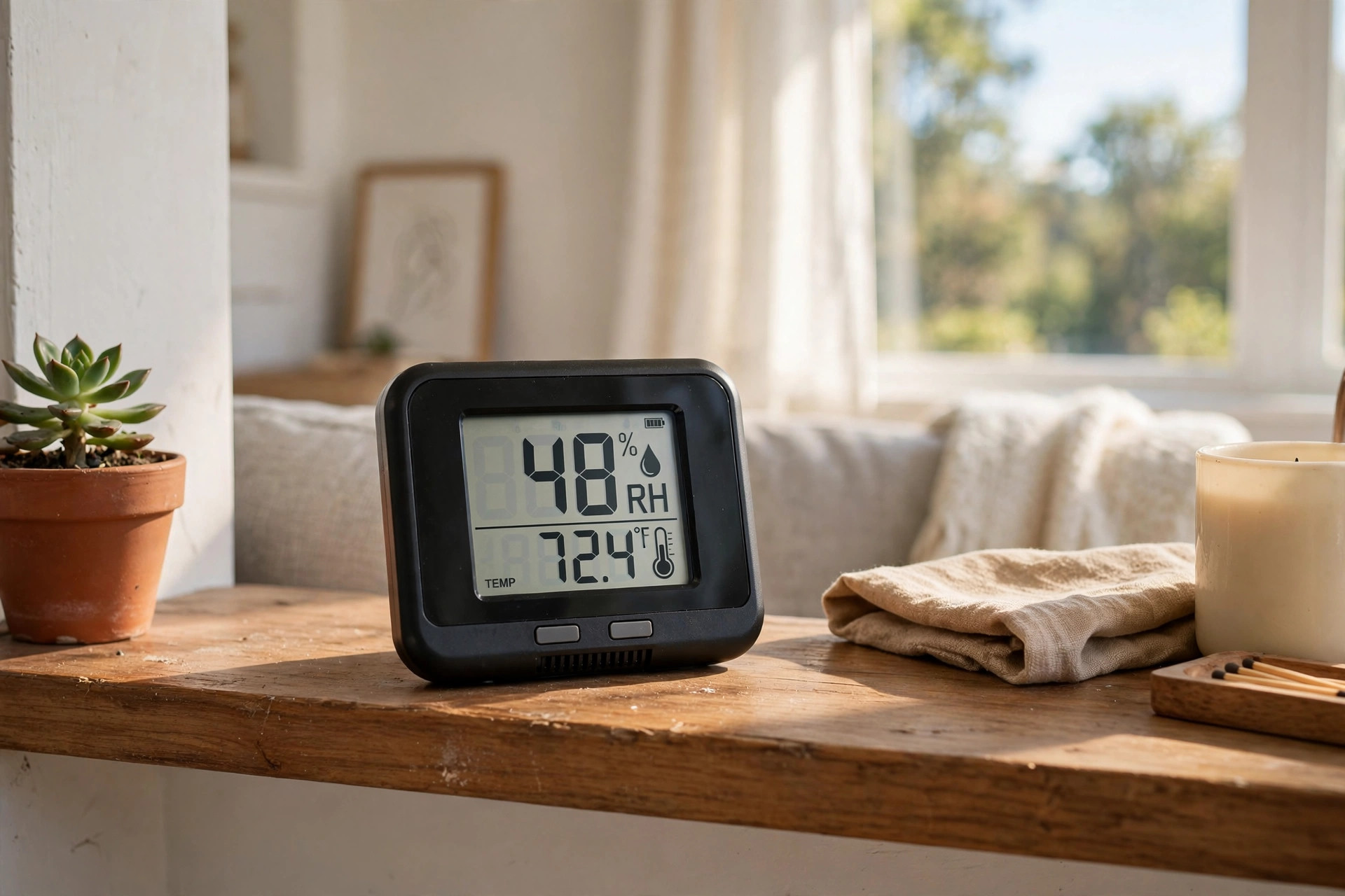 best hygrometer for home reviews 2026 usa: Digital hygrometer showing indoor humidity and temperature in an American home