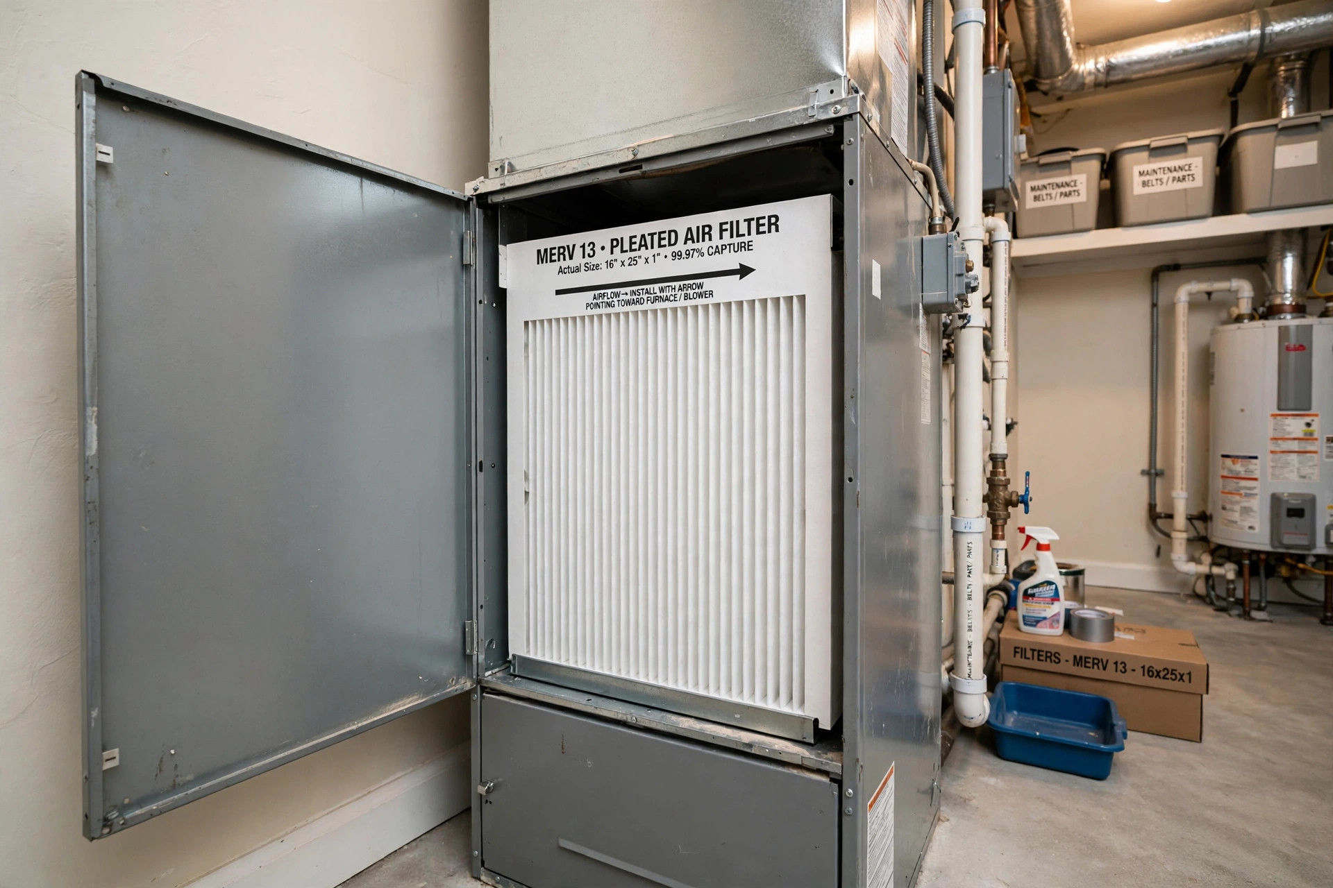 A pleated MERV 13 HVAC air filter installed in a home air handler cabinet, best merv 13 filter for hvac reviews usa