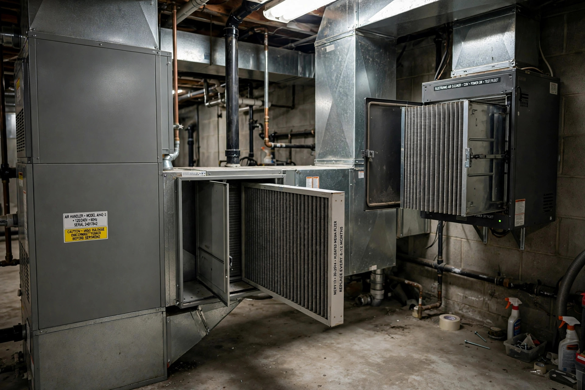 electronic air cleaner vs media filter usa: Electronic air cleaner vs media filter installed in a home furnace duct