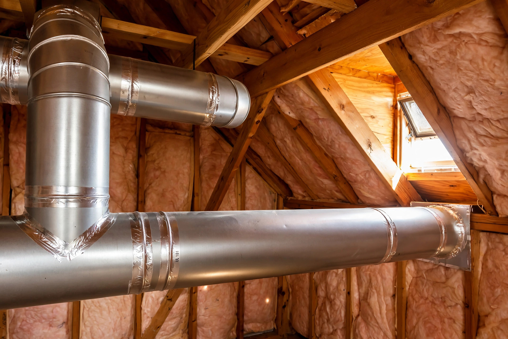 duct sealing cost with aeroseal near me: Attic air ducts sealed with Aeroseal in an American home