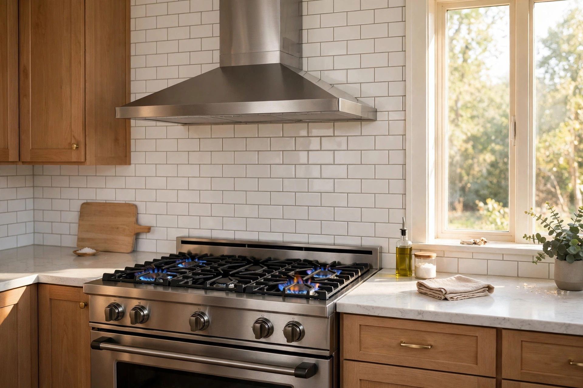 range hood cfm calculator for gas stove: Gas range with stainless range hood in a home kitchen