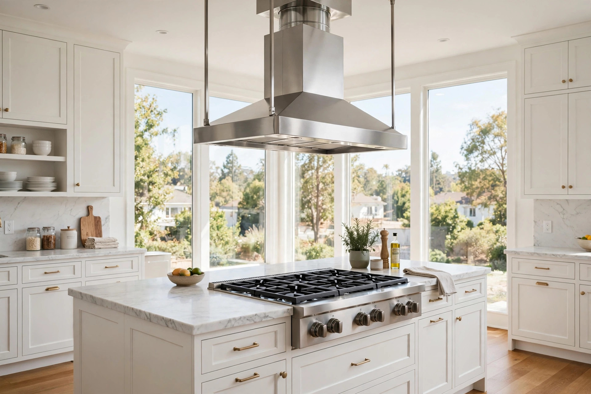 best island range hood reviews 2026 usa: Island range hood hanging over a kitchen island stove in a bright American kitchen