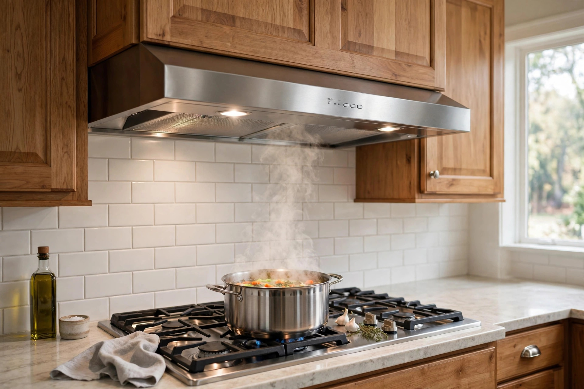 under cabinet range hood reviews 2026 usa: Under cabinet range hood mounted over a gas stove in a kitchen