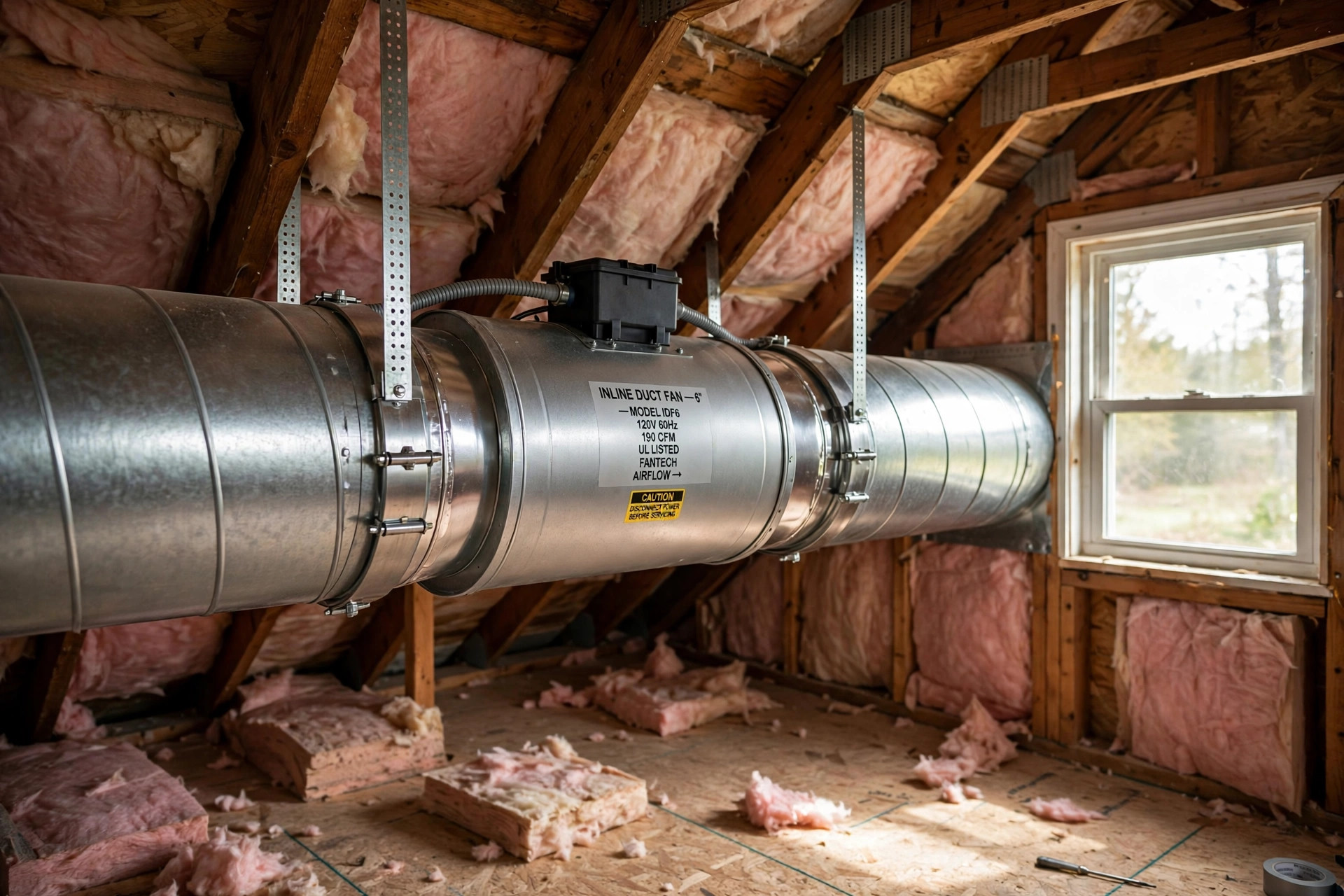 best inline duct fan reviews 2026 usa: Inline duct fan installed in round ductwork in an attic