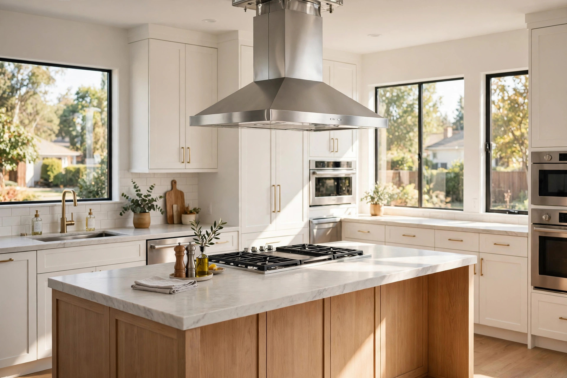 kitchen exhaust fan for island cooktop USA mounted over an island range in an American home kitchen
