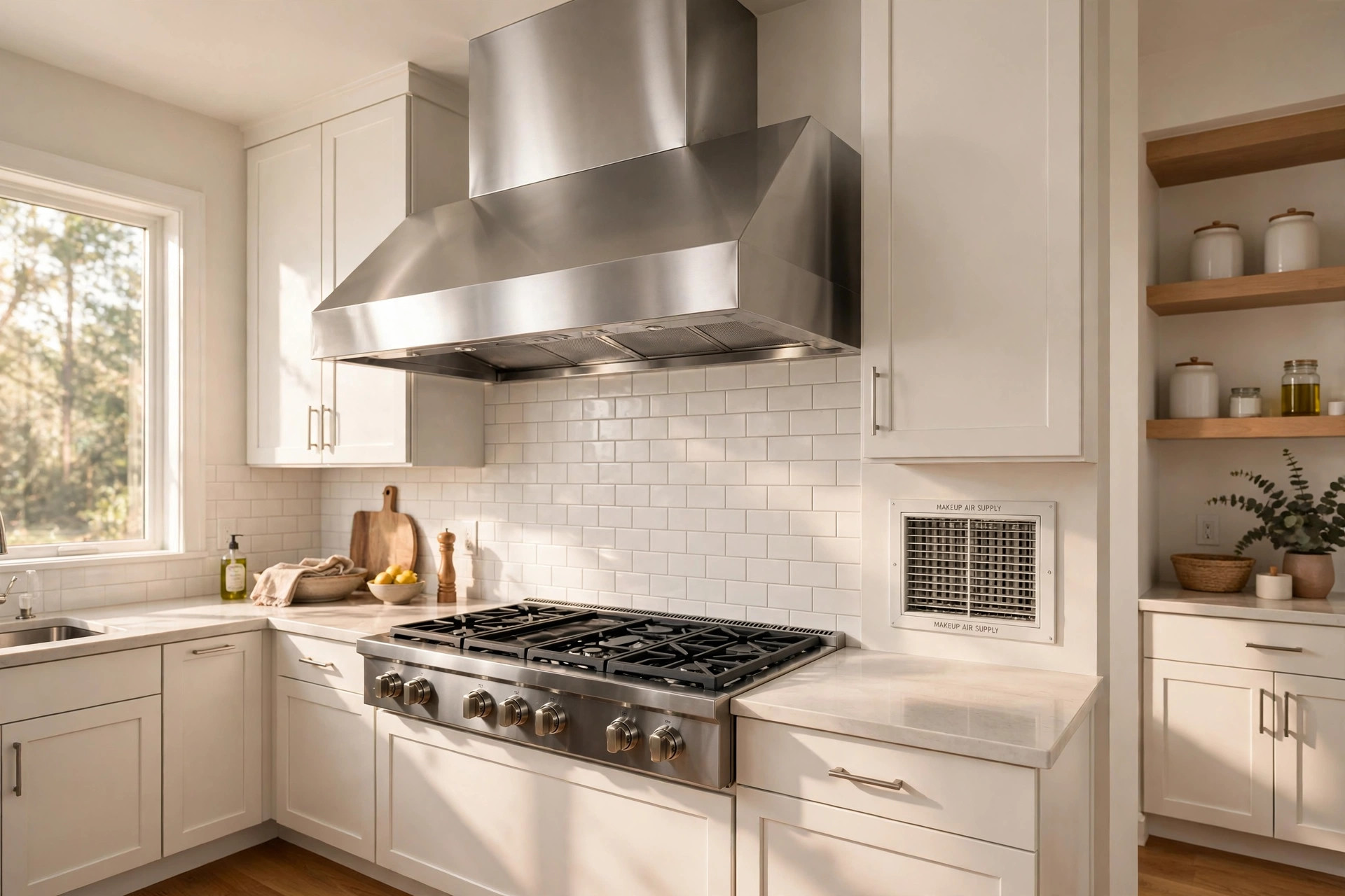 makeup air unit for range hood cost usa: Makeup air unit for range hood installed near a kitchen range hood