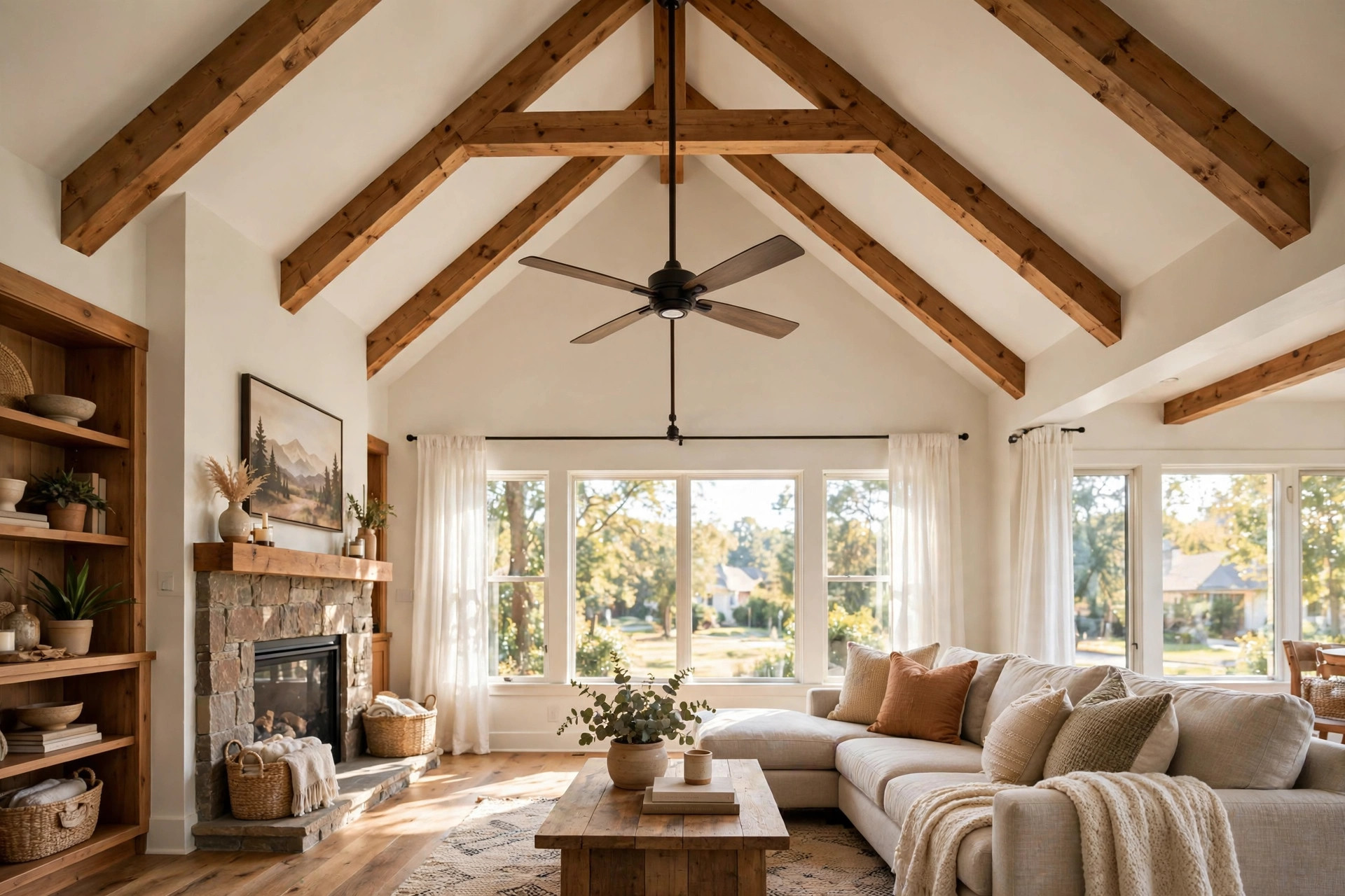 best ceiling fan for high ceilings reviews: A ceiling fan on a long downrod in a living room with a high vaulted ceiling