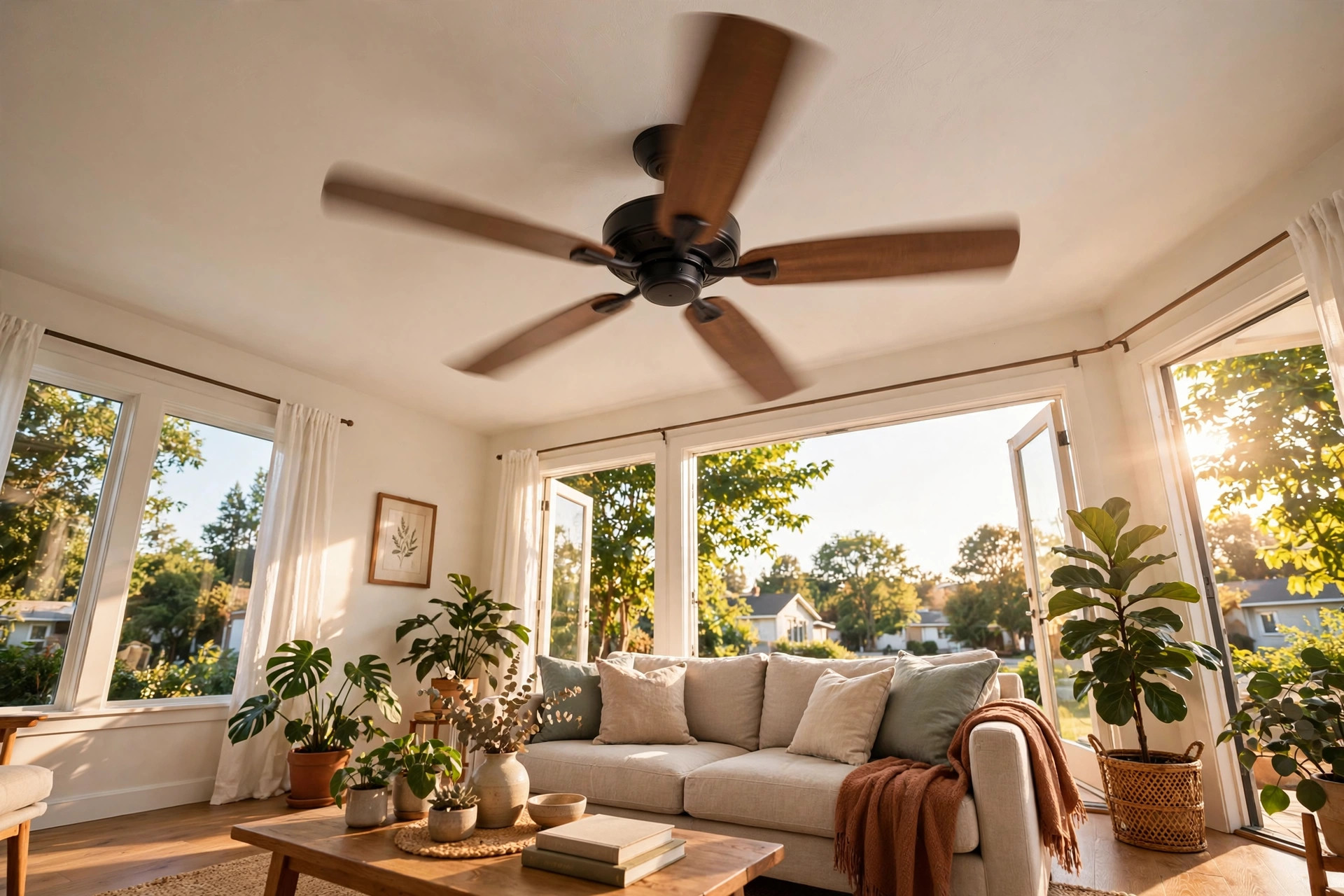 ceiling fan direction for summer usa guide: Ceiling fan spinning counterclockwise above a bright American living room in summer