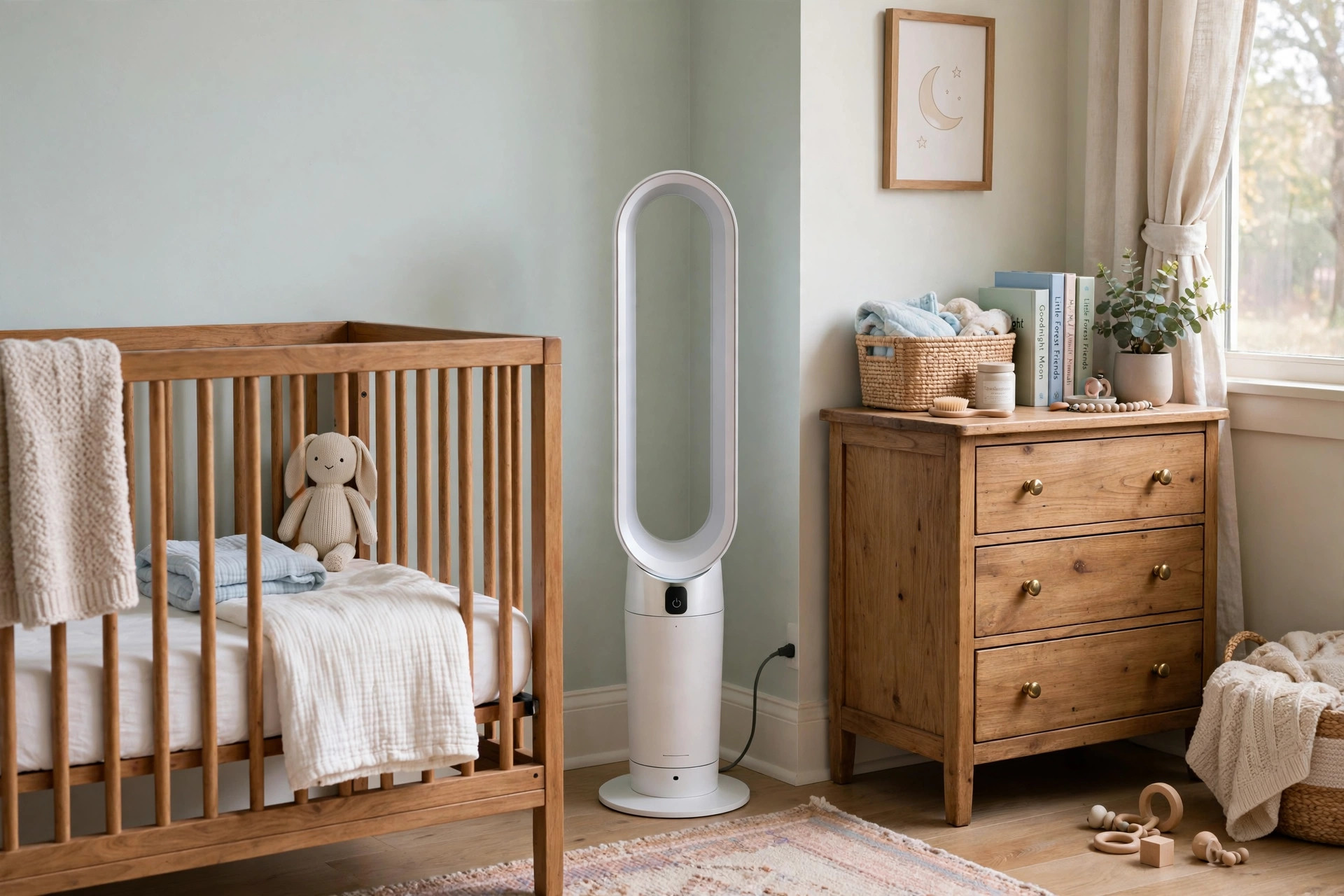 best bladeless fan for nursery reviews usa: Bladeless tower fan cooling a small American nursery with a crib