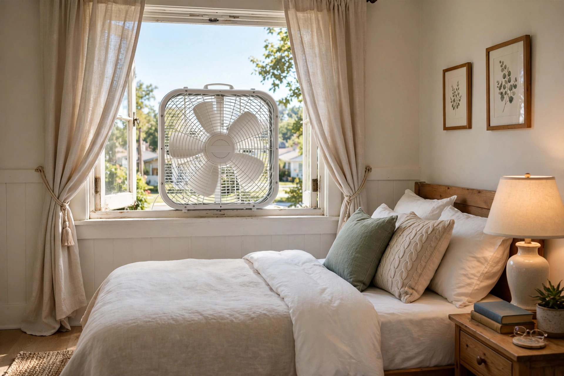 best box fan for window reviews 2026 usa: A box fan set into a bedroom window, daylight coming through the glass