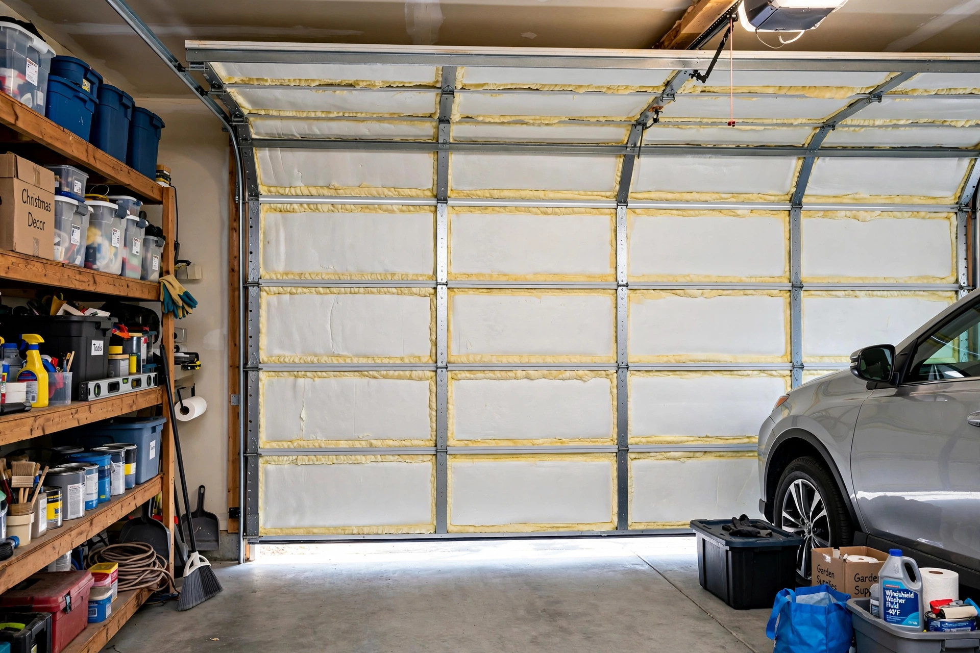 garage door insulation r value guide usa: Insulated garage door in an American home