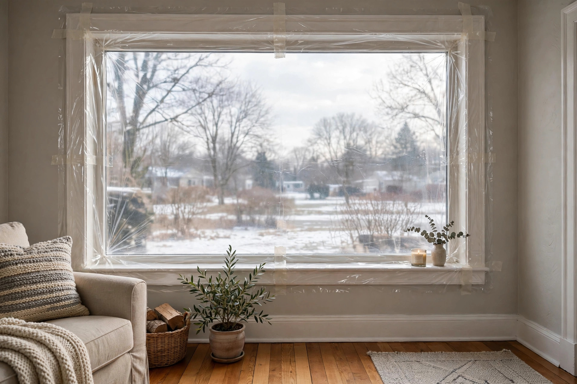 window insulation film kit reviews usa: Window insulation film kit installed on a cold-weather home window