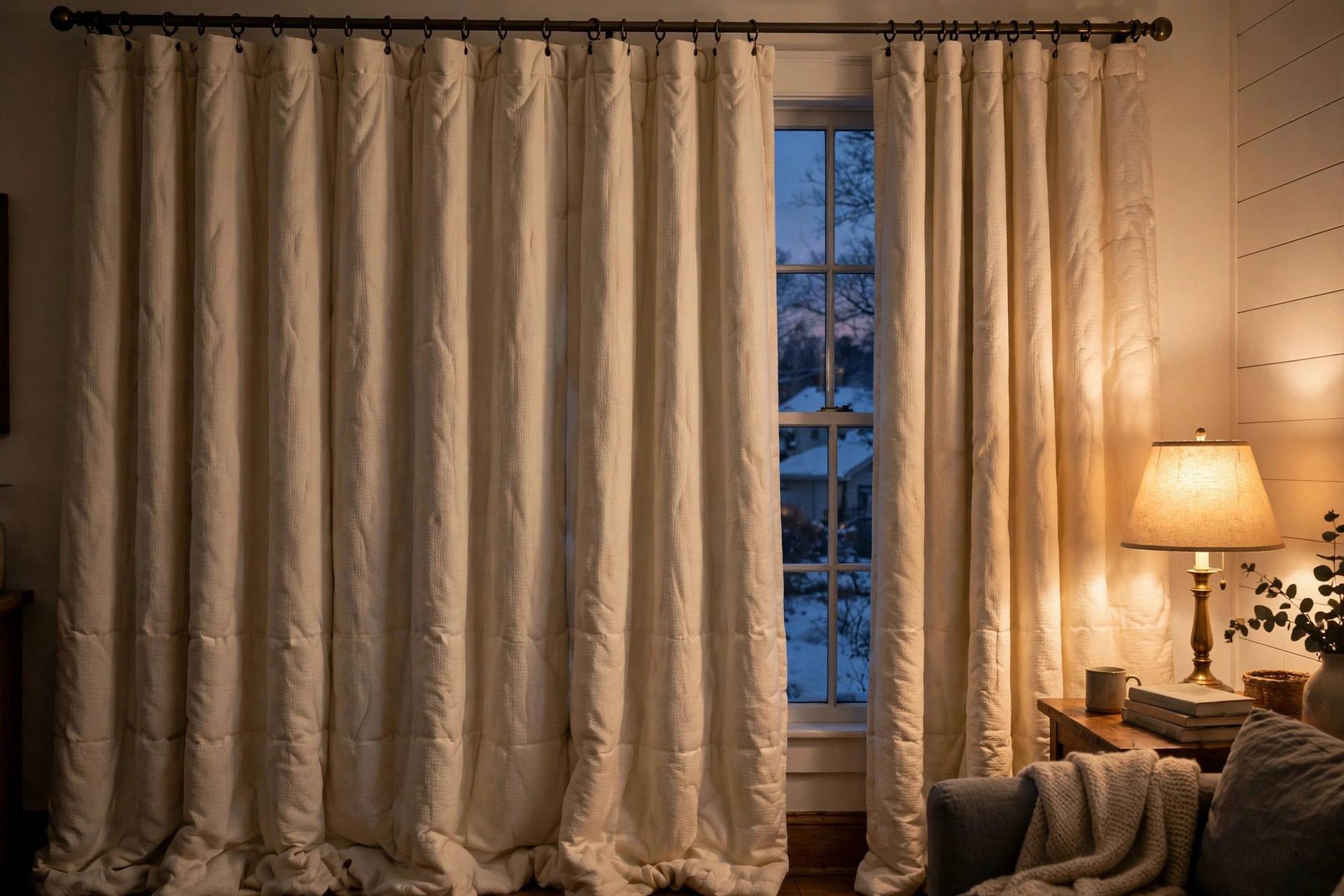 best thermal curtains for winter reviews usa: Thermal curtains hung over a tall living room window on a winter evening