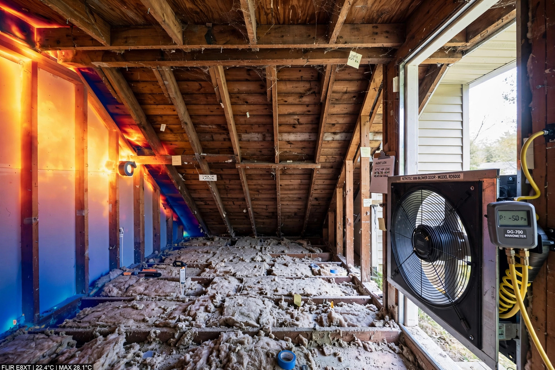 A home energy auditor tests a house for air leaks, showing home energy audit cost near me 2026