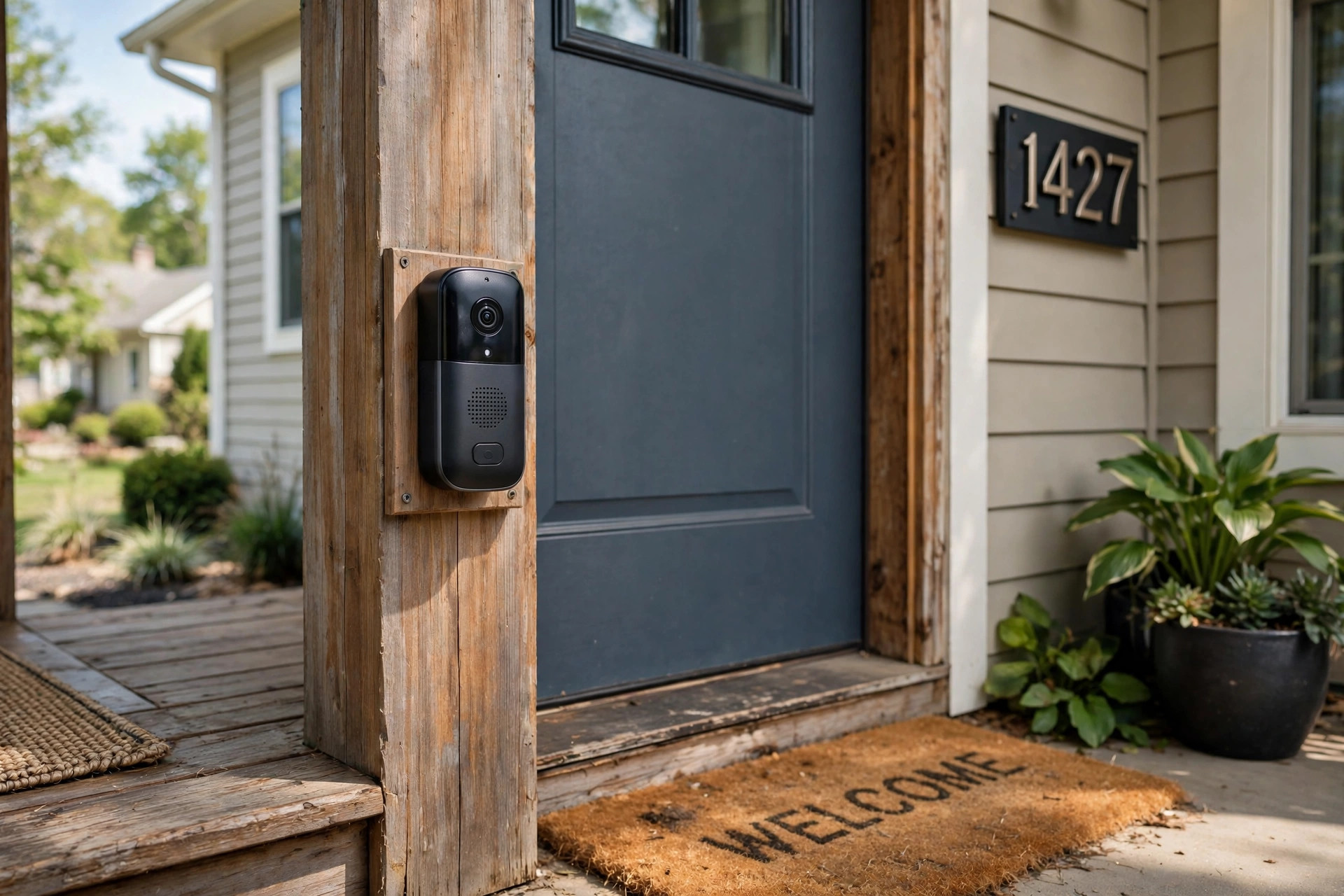 best wireless doorbell camera reviews usa: Wireless doorbell camera mounted beside a front door in an American home