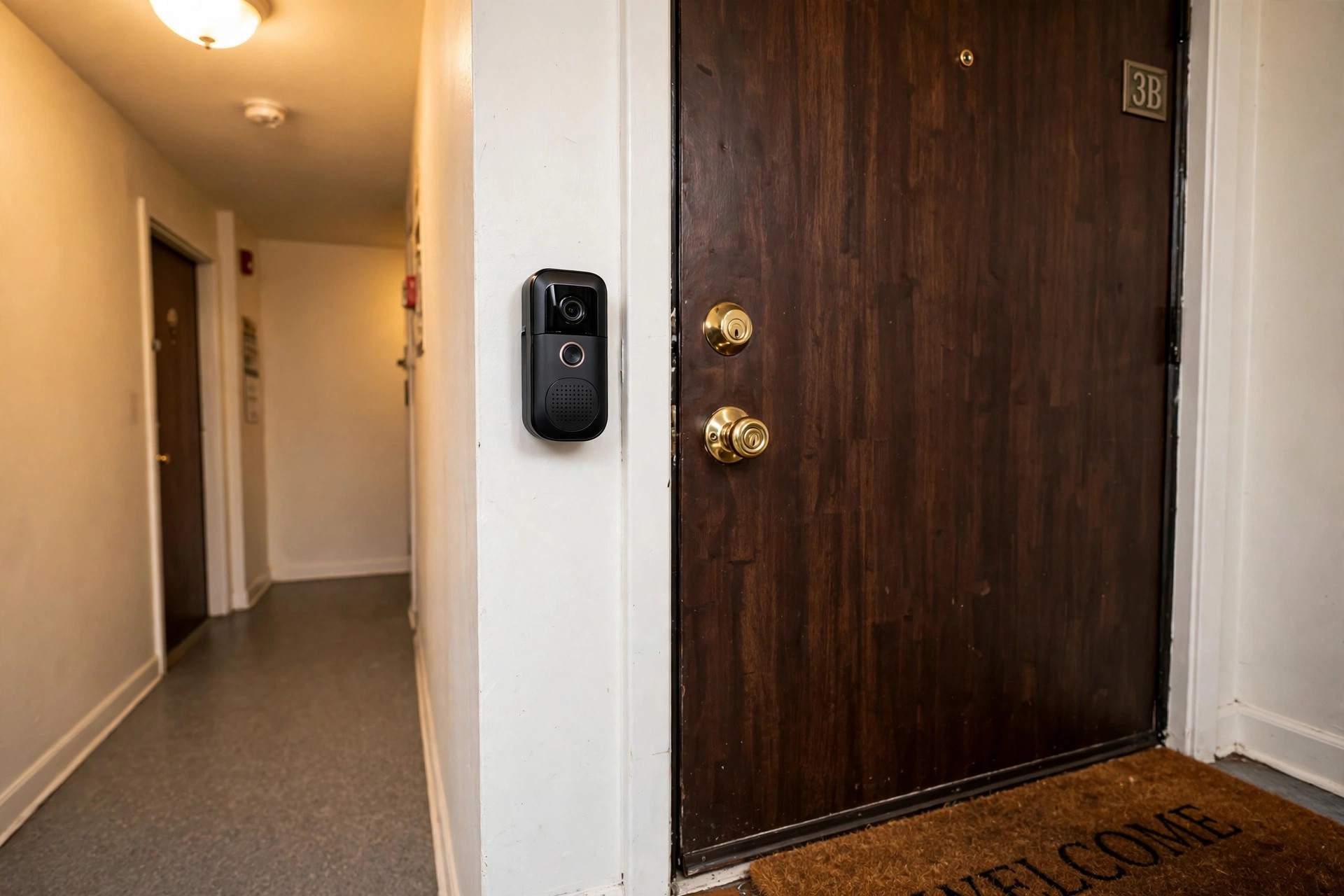 video doorbell for apartments no wiring usa: A battery powered video doorbell on an apartment door frame, no wires visible