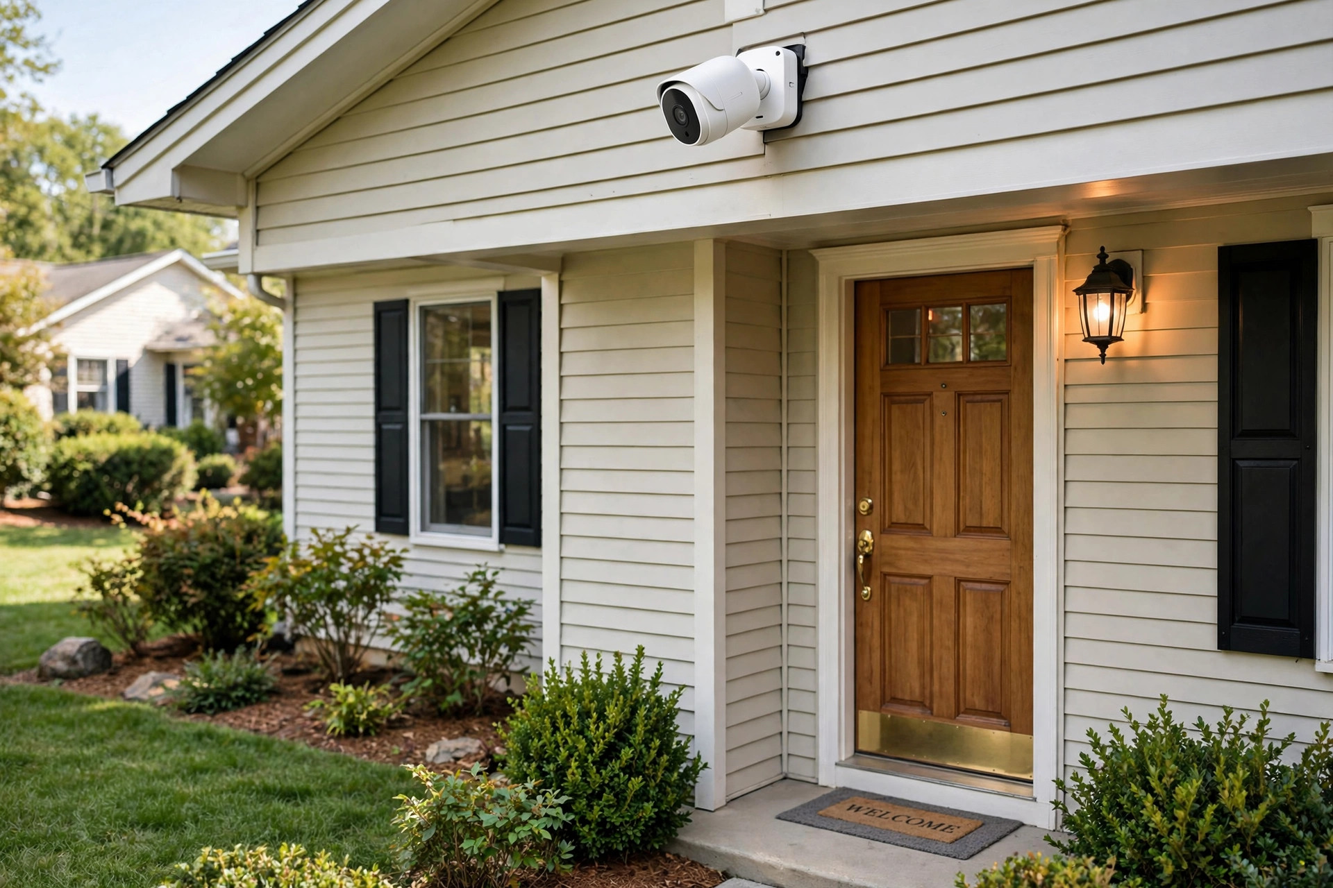 wireless outdoor security camera reviews 2026: Wireless outdoor security camera mounted on a house exterior