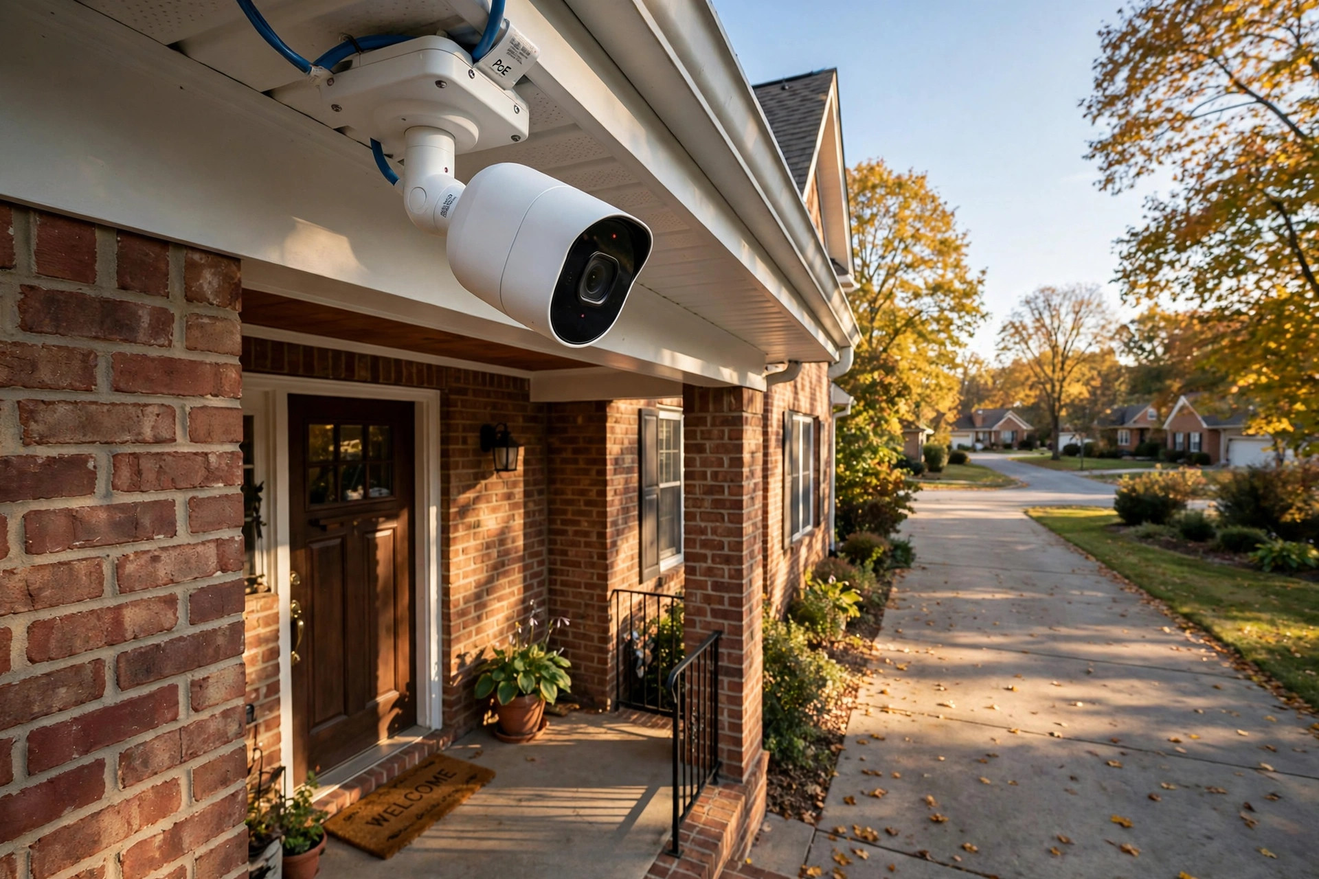 best poe security camera system reviews usa: Wired PoE security cameras mounted on an American suburban home