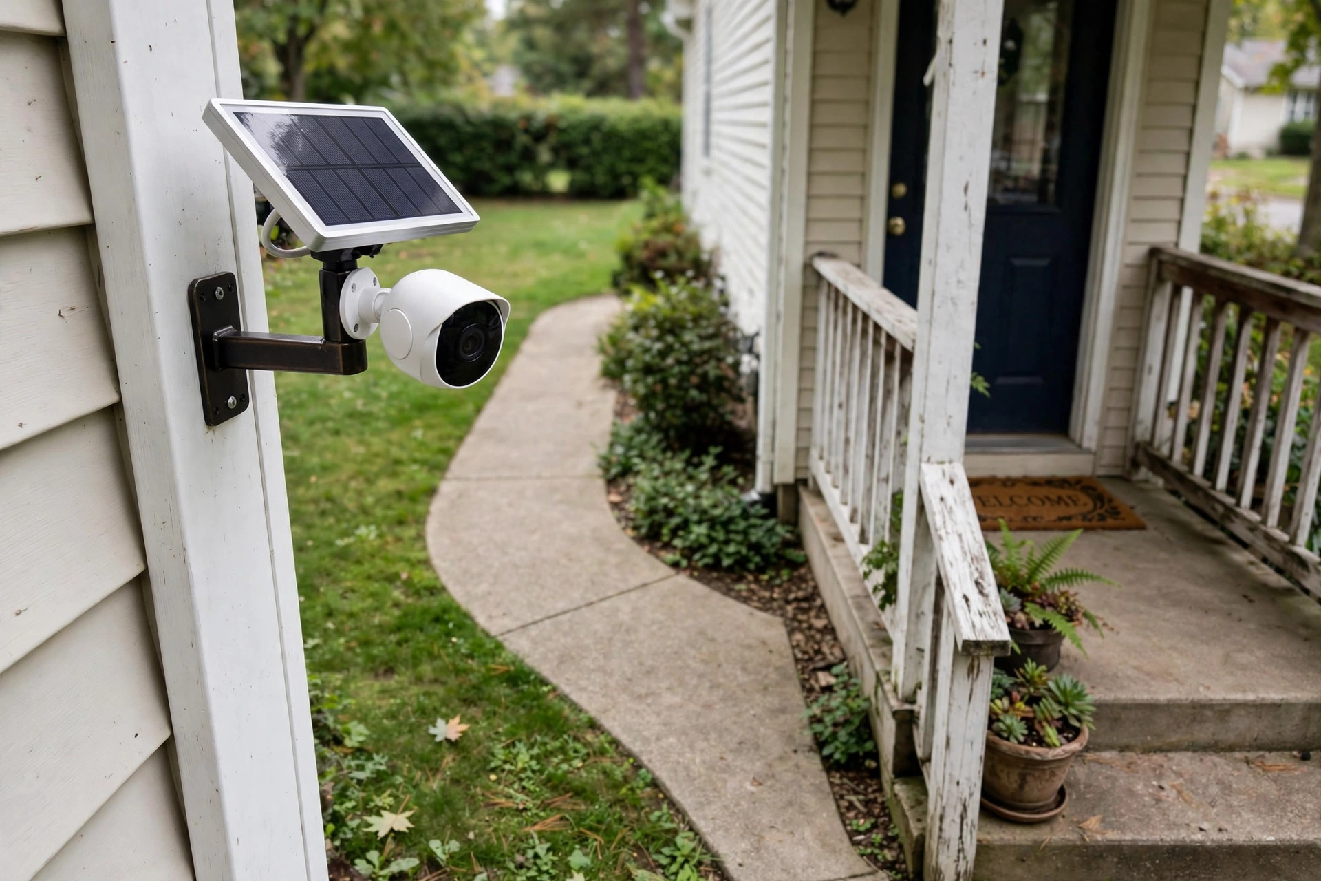 Best solar security camera reviews 2026 USA: solar panel camera mounted beside a front porch