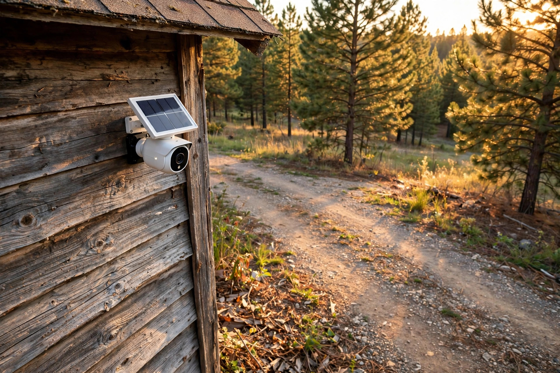 cellular security camera no wifi reviews usa: A cellular security camera no WiFi mounted on the side of a rural American cabin