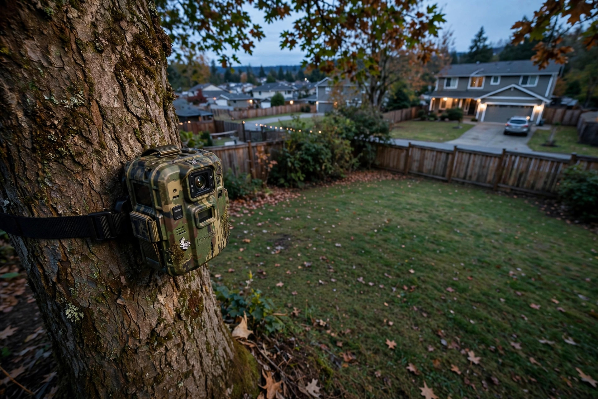 best trail camera for home security usa: A trail camera mounted on a tree watching a suburban American backyard