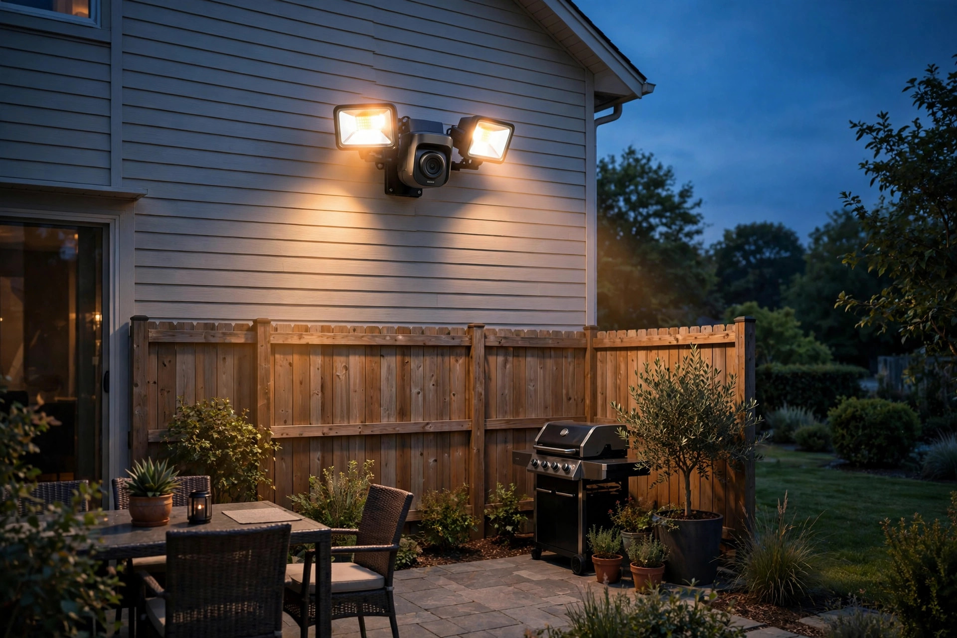 floodlight camera reviews without subscription usa: A floodlight camera mounted on a suburban home at dusk