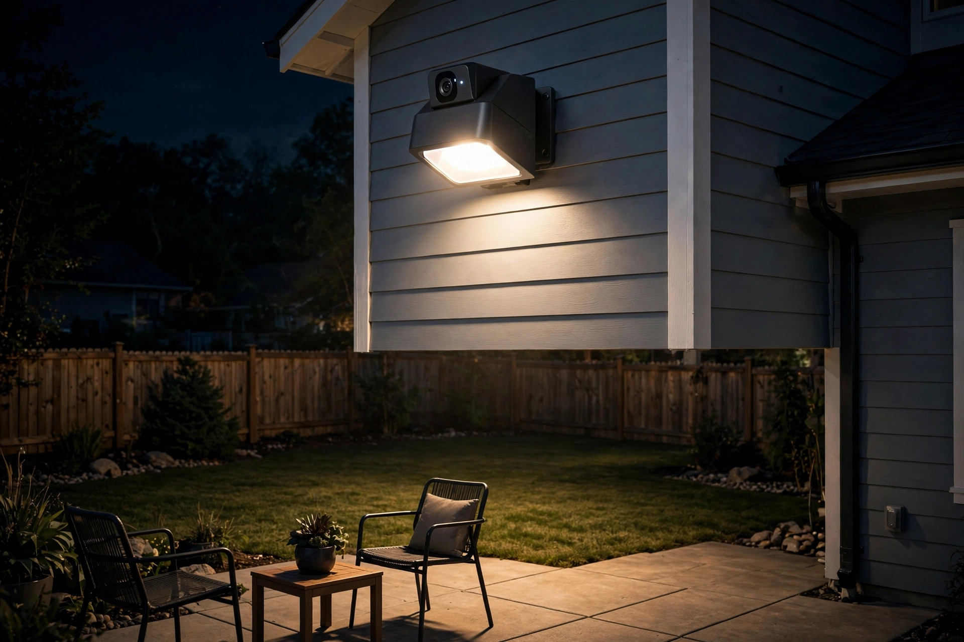 best smart floodlight for backyard usa: Smart floodlight mounted on a suburban home lighting a backyard patio at night