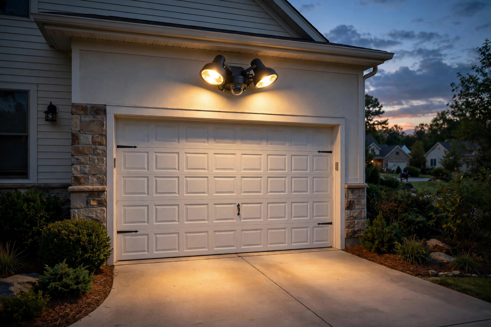 motion sensor flood light reviews 2026 usa: Motion sensor flood light mounted above a garage in a suburban American home at dusk