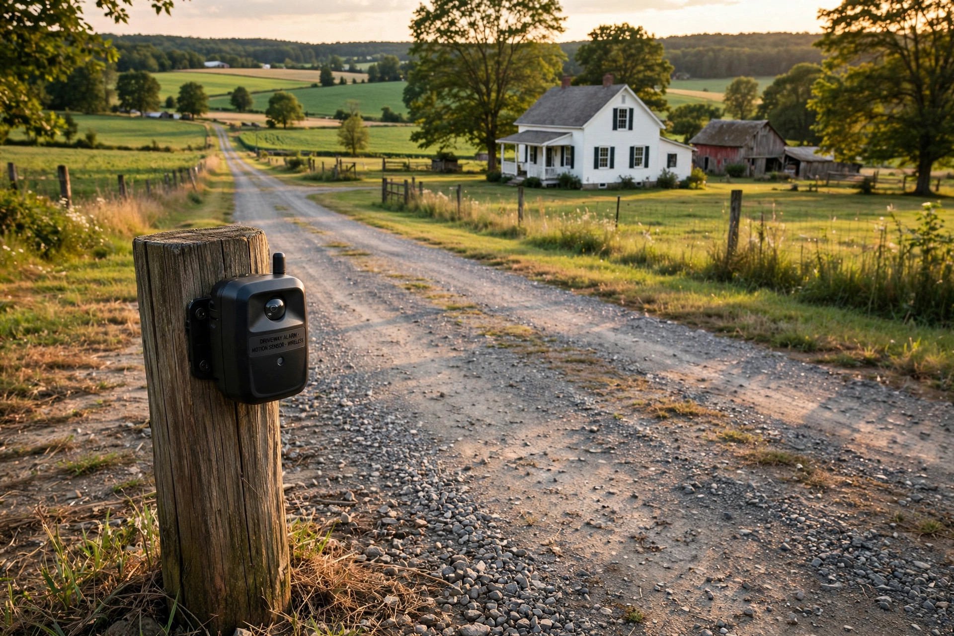long range driveway alarm reviews 2026 usa: Long range driveway alarm sensor mounted beside a rural American driveway