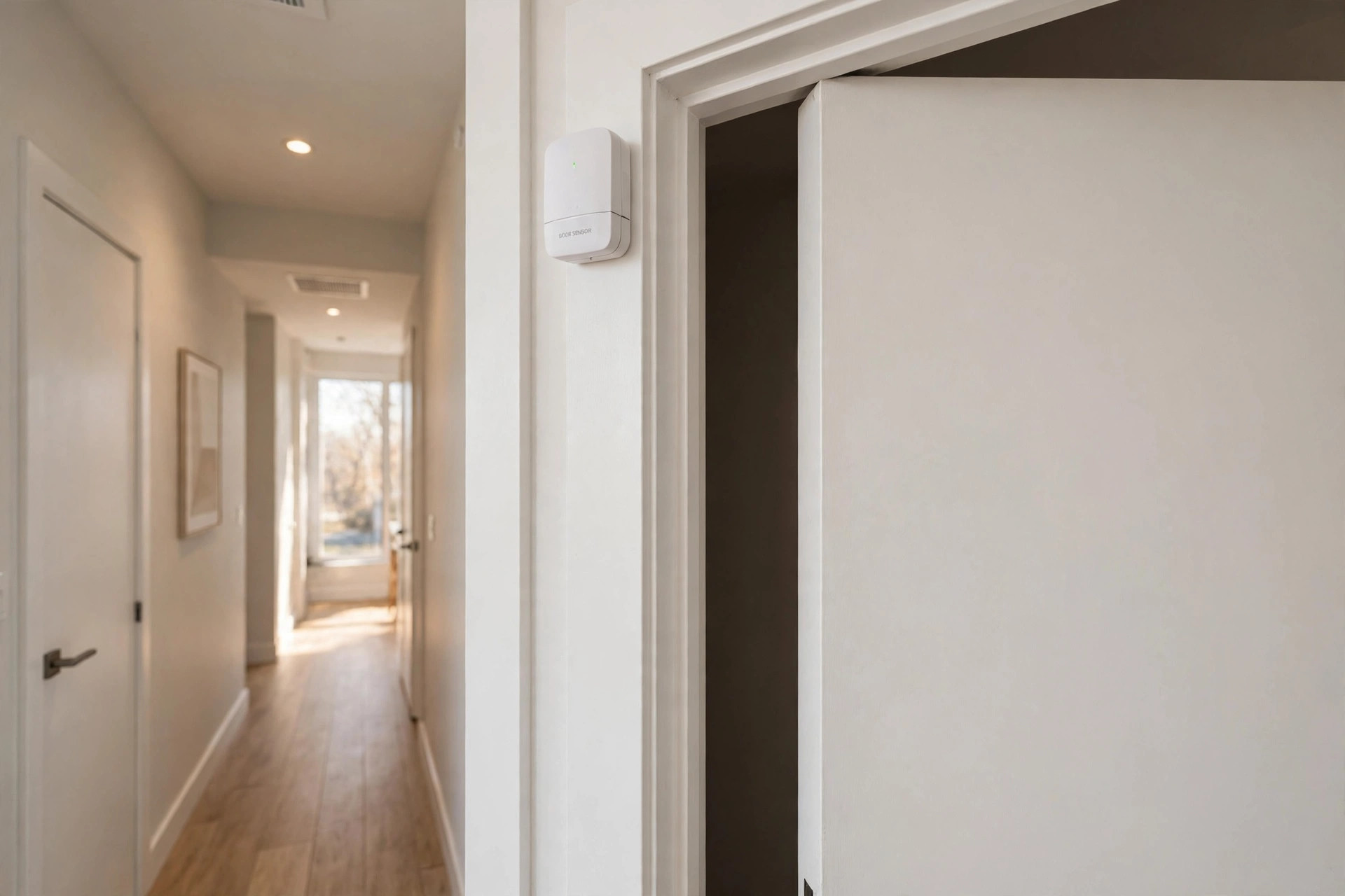 best door alarm sensor for apartments usa: A white wireless door alarm sensor mounted on an apartment front door
