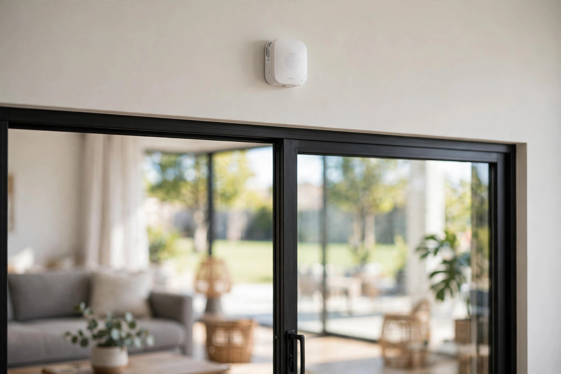 Glass break sensor mounted on the wall of a bright American living room with best glass break sensor reviews 2026 usa
