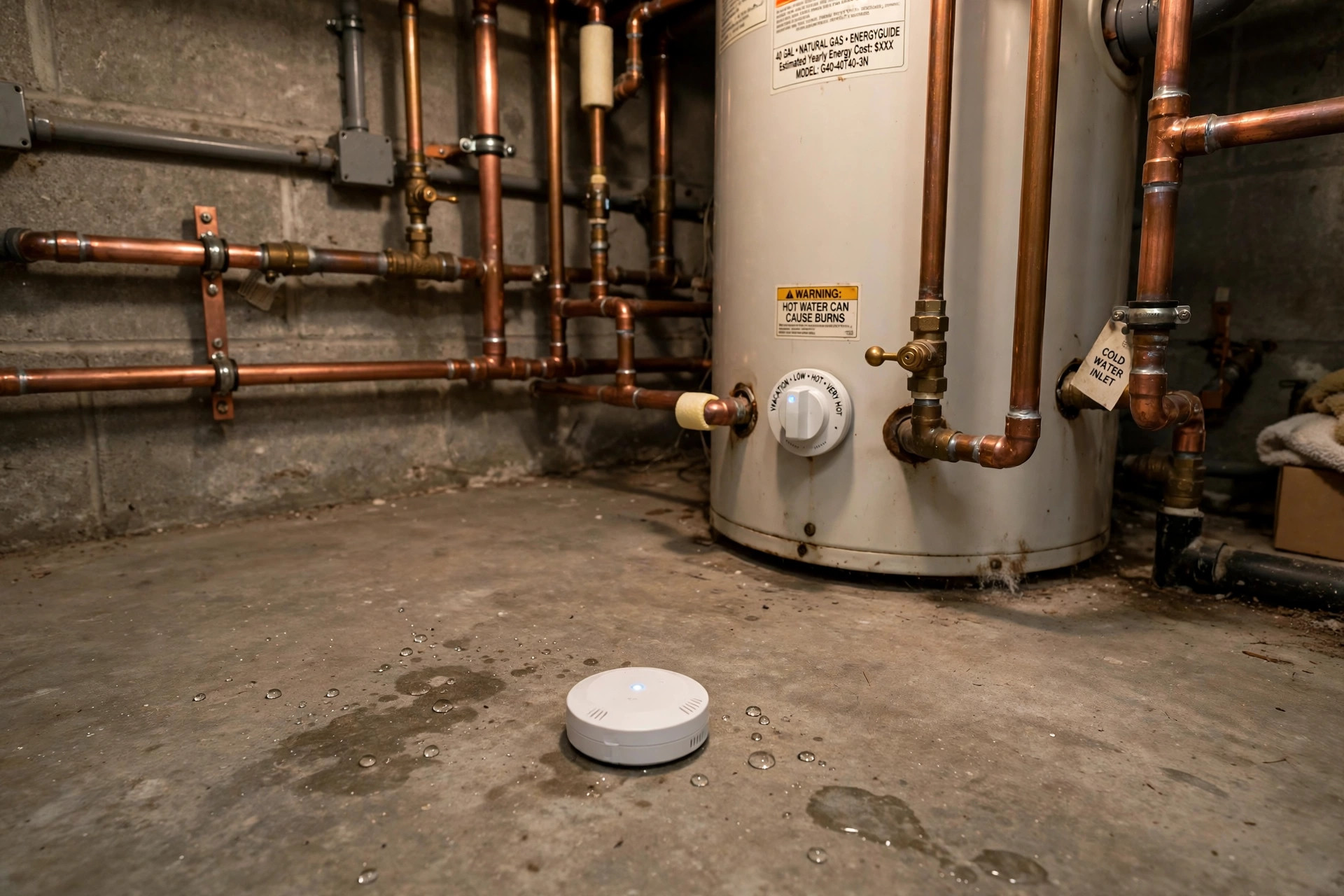 smart water leak detector reviews 2026 usa: Smart water leak detector sensor placed beside a water heater in an American home