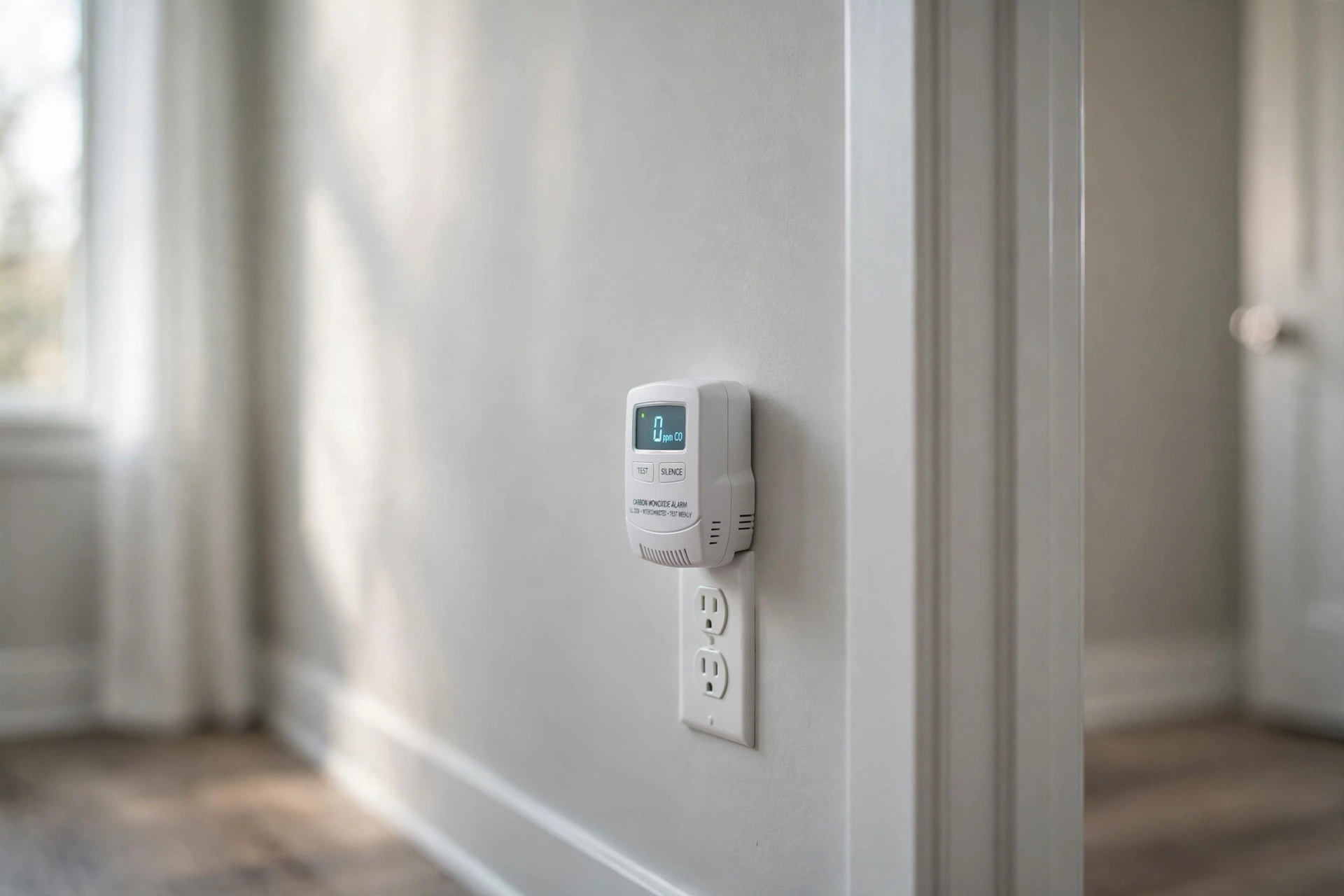 best carbon monoxide detector reviews 2026: Carbon monoxide detector with digital display mounted on a hallway wall