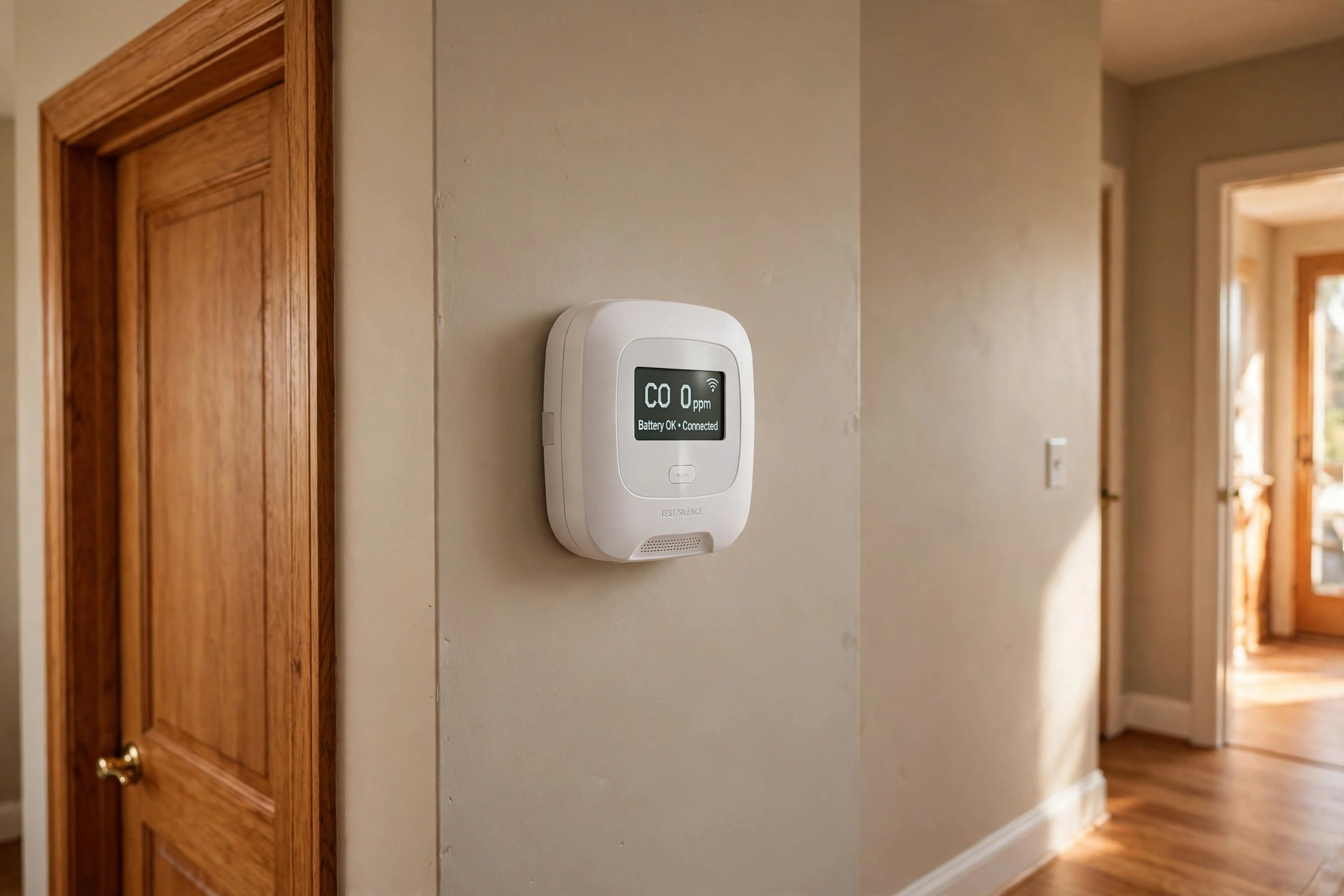 Smart CO detector with app alerts USA mounted in an American home