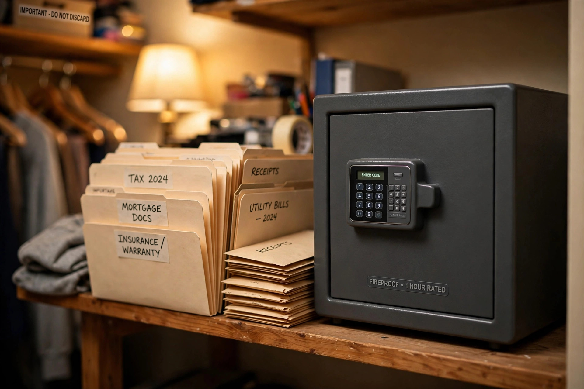 best home safe for documents reviews usa: A fireproof home safe with a digital keypad on a shelf in a home office closet