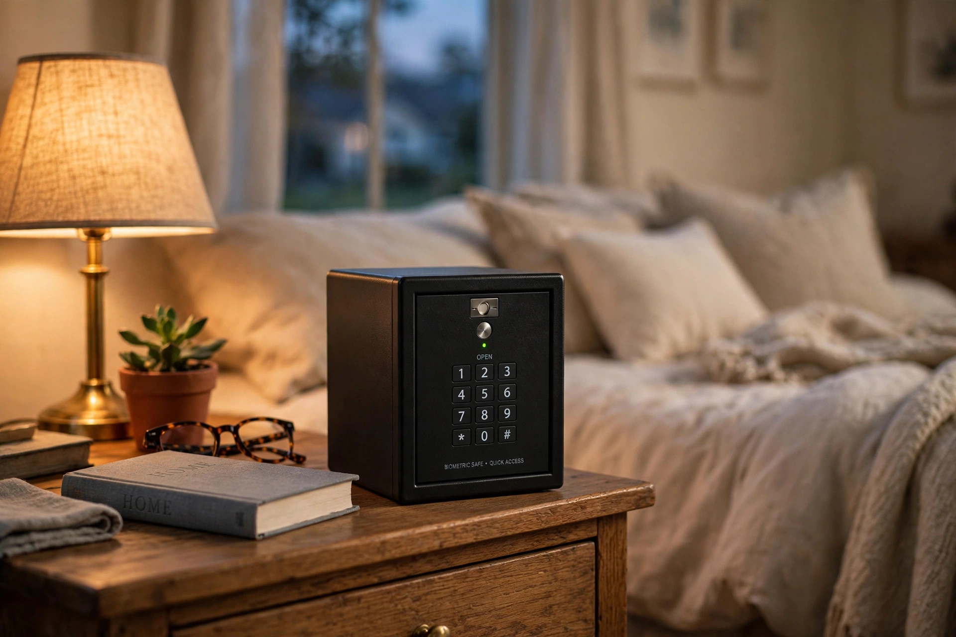 Quick access bedside safe reviews USA — biometric bedside safe sitting on a wooden nightstand in an American bedroom